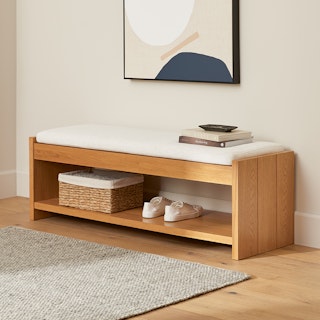 Cassie 56" Bench - Natural Oak and Ivory Chenille
