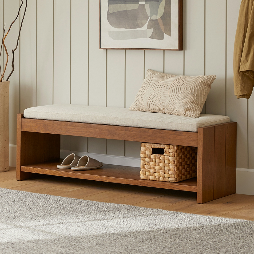 Cassie Taupe Chenille Smoked Oak Bench Article