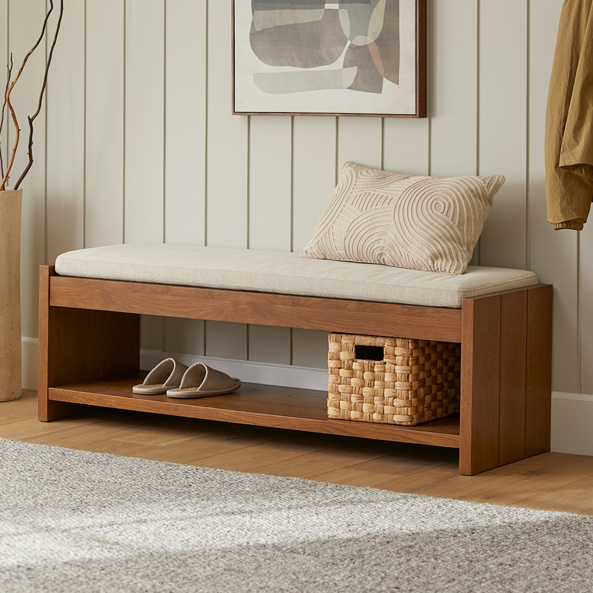 Cassie Taupe Chenille Smoked Oak Bench Article