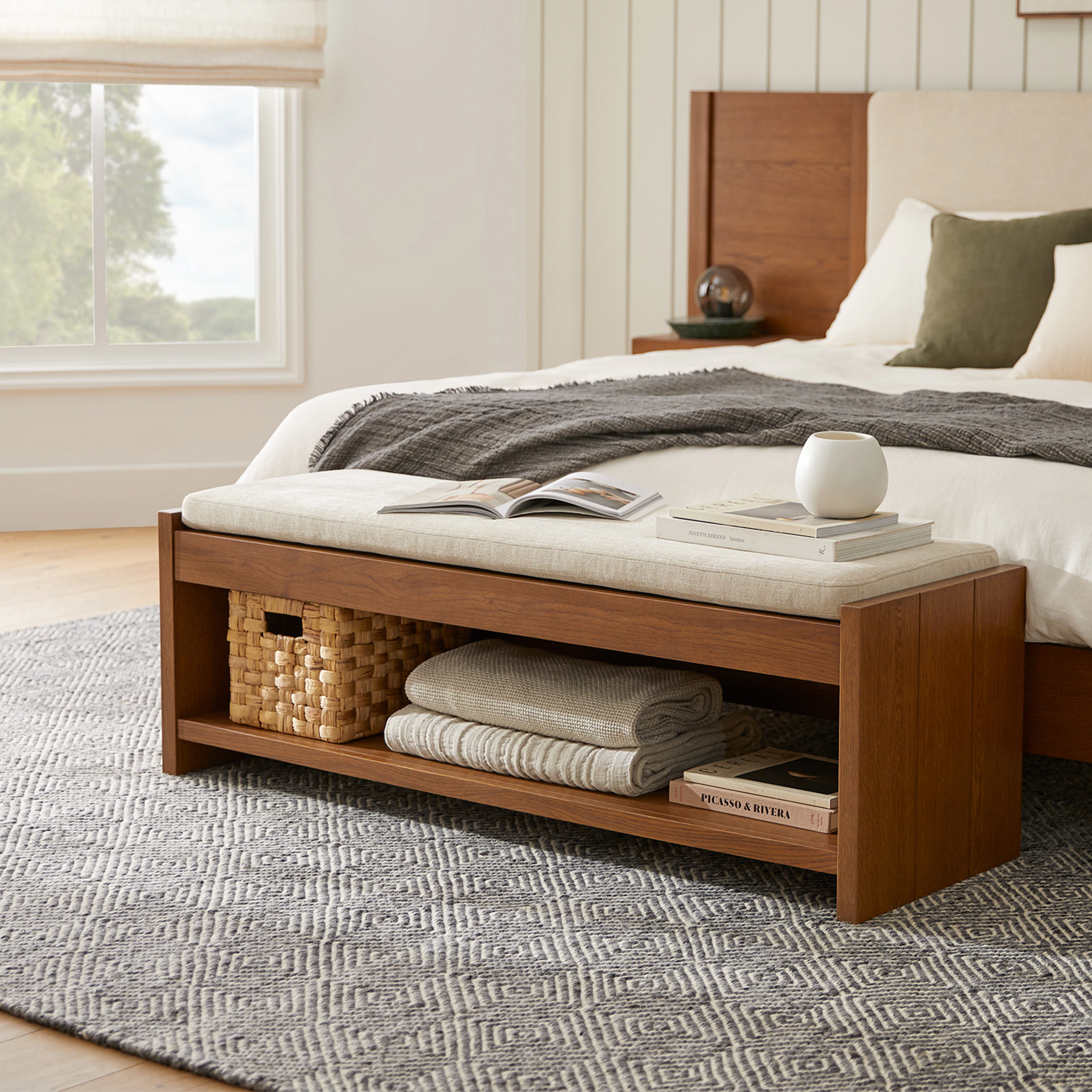 Cassie 56" Bench - Smoked Oak and Taupe Chenille