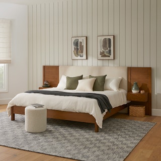 Cassie King Upholstered Bed with Nightstands - Smoked Oak and Taupe Chenille