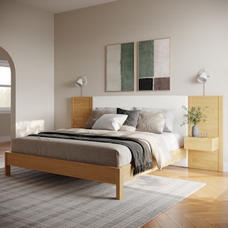 Cassie King Upholstered Bed with Nightstands - Natural Oak and Ivory Chenille