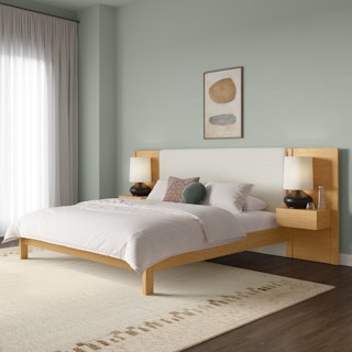 Cassie King Upholstered Bed with Nightstands - Natural Oak and Ivory Chenille