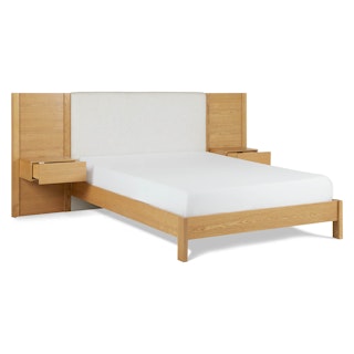 Cassie Queen Upholstered Bed with Nightstands - Natural Oak and Ivory Chenille
