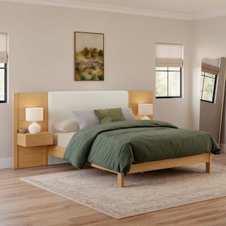 Cassie Queen Upholstered Bed with Nightstands - Natural Oak and Ivory Chenille