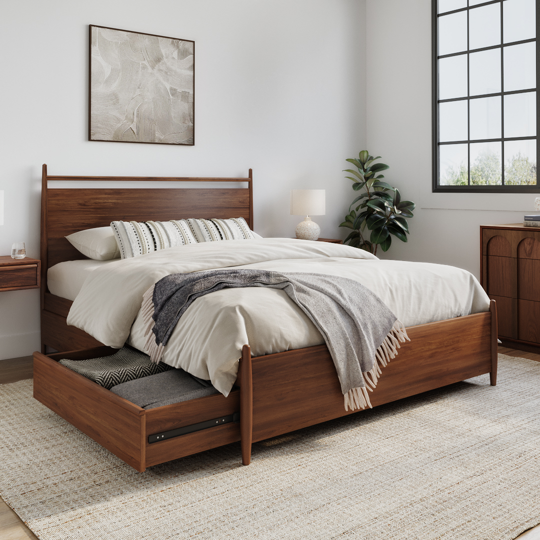 Lenia Panel Walnut Queen Storage Bed 