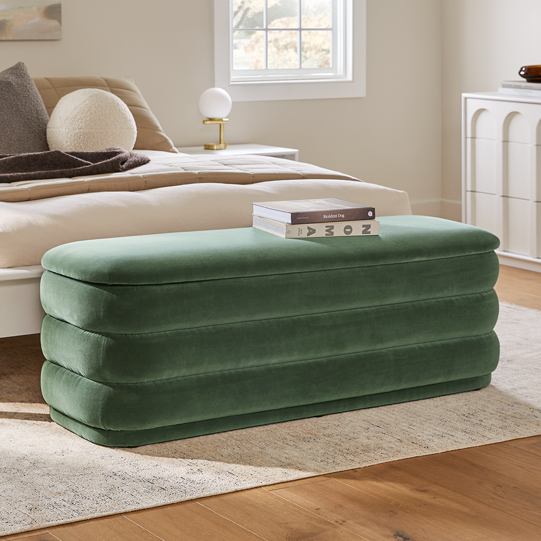Green Velvet Storage Bench Curved Mid Century Modern Design Article Rolph Modern Furniture