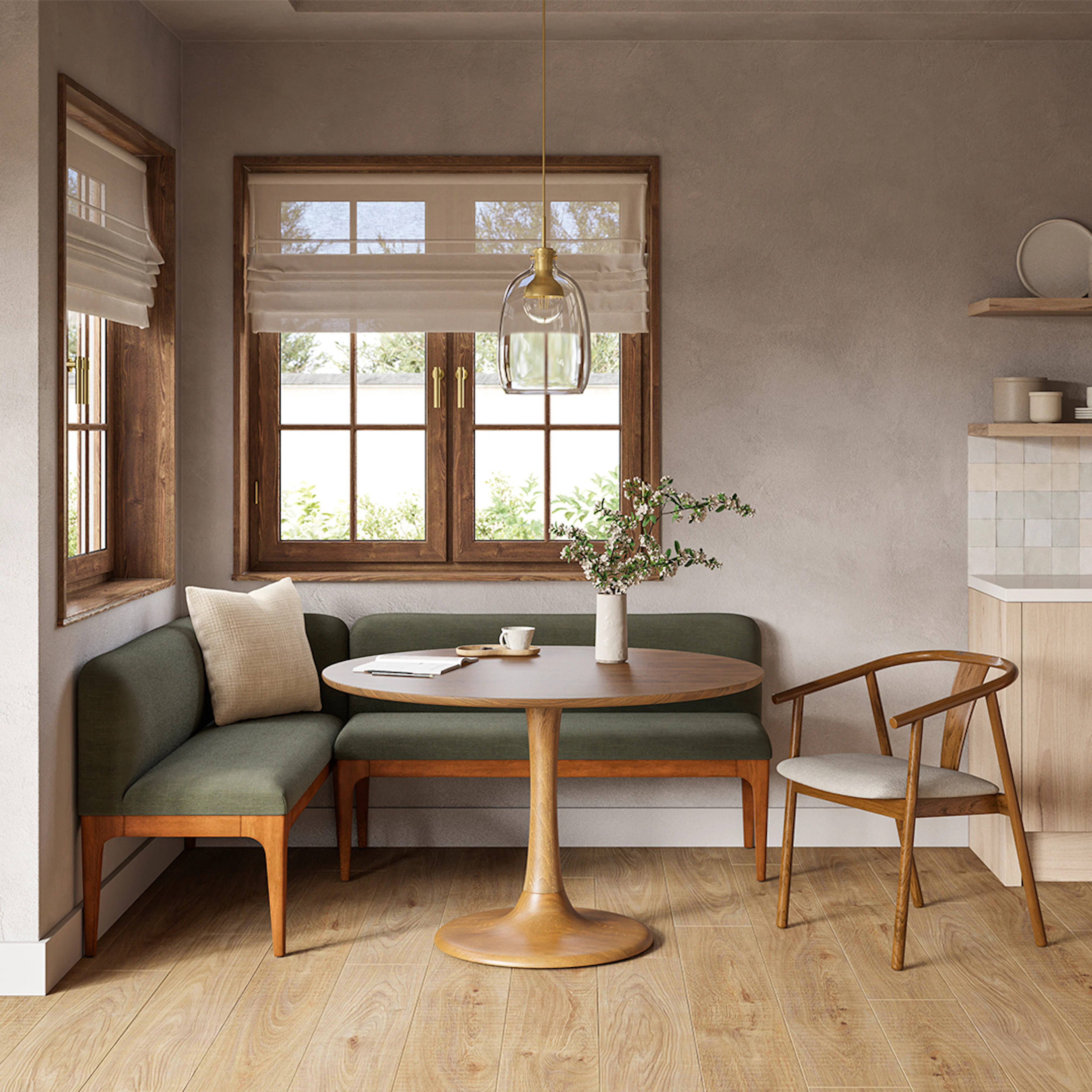 Rosin 56.75" Right Corner Banquette - Smoked Oak and Welsh Green