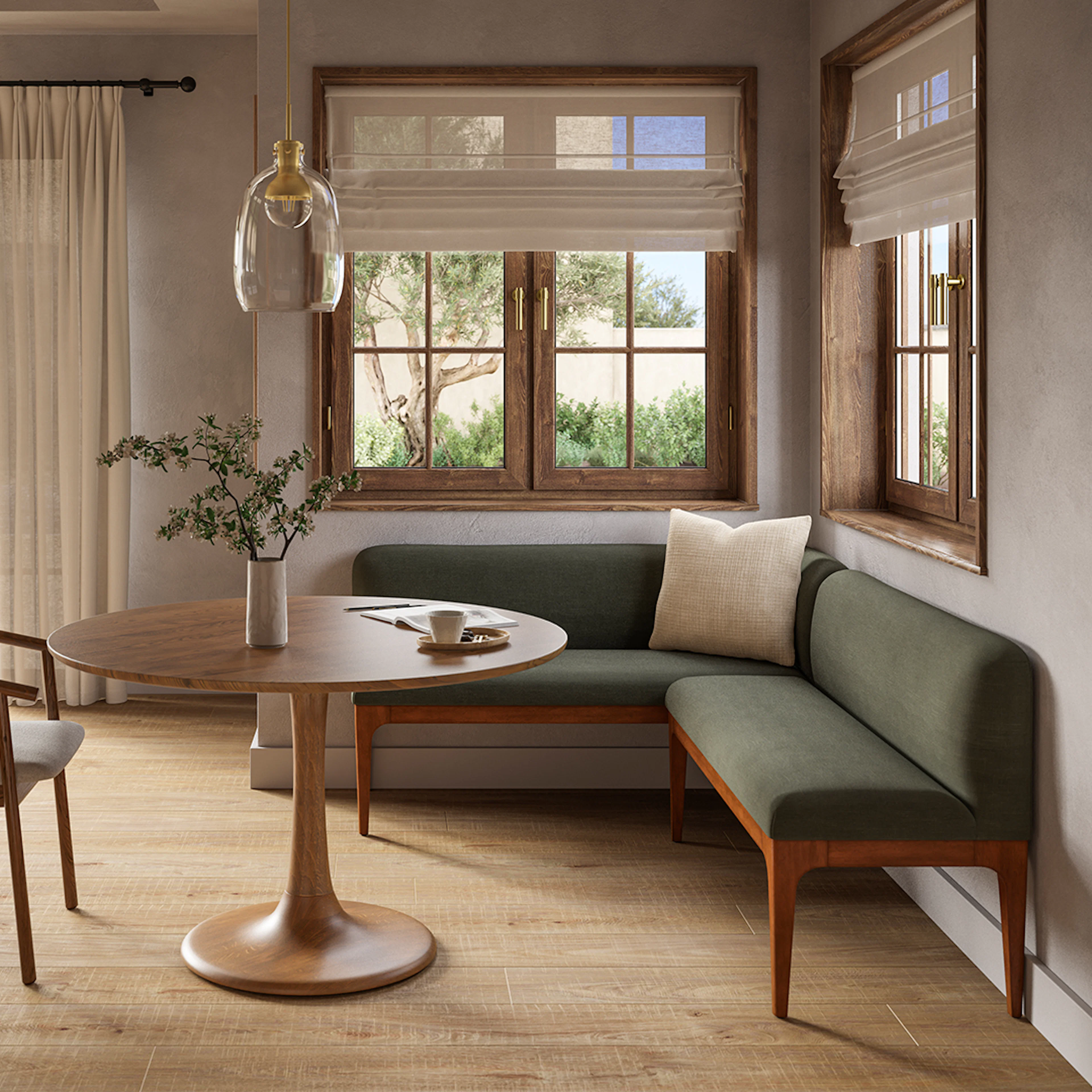 Rosin 56.75" Right Corner Banquette - Smoked Oak and Welsh Green
