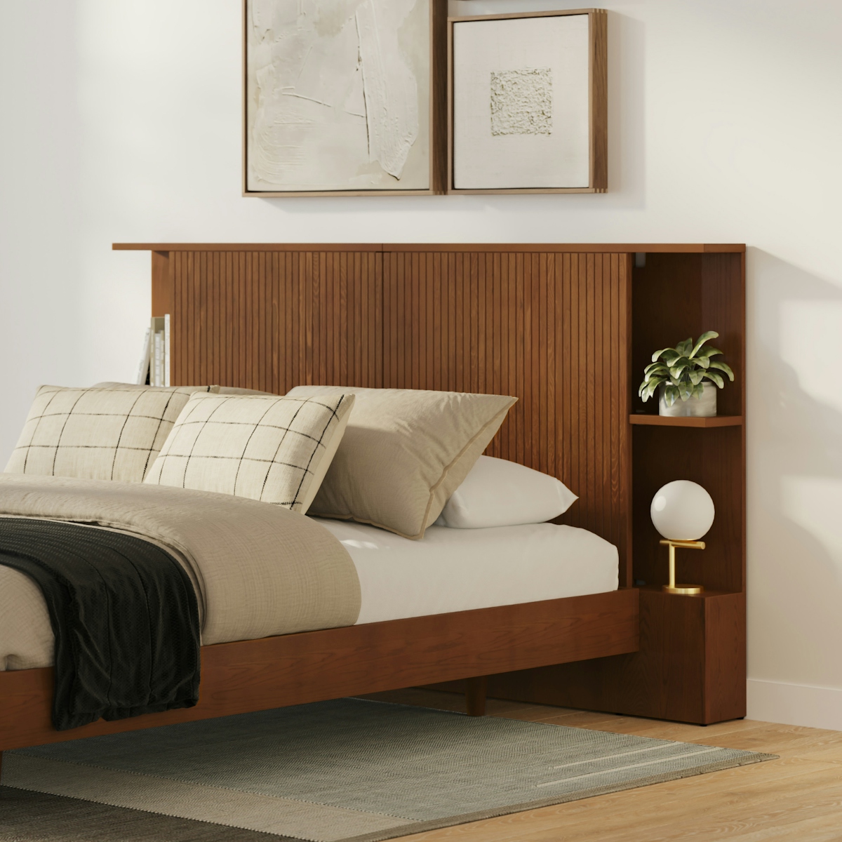 Kouva Smoked Oak Queen Size Wood Headboard w/ Storage Shelves | Article