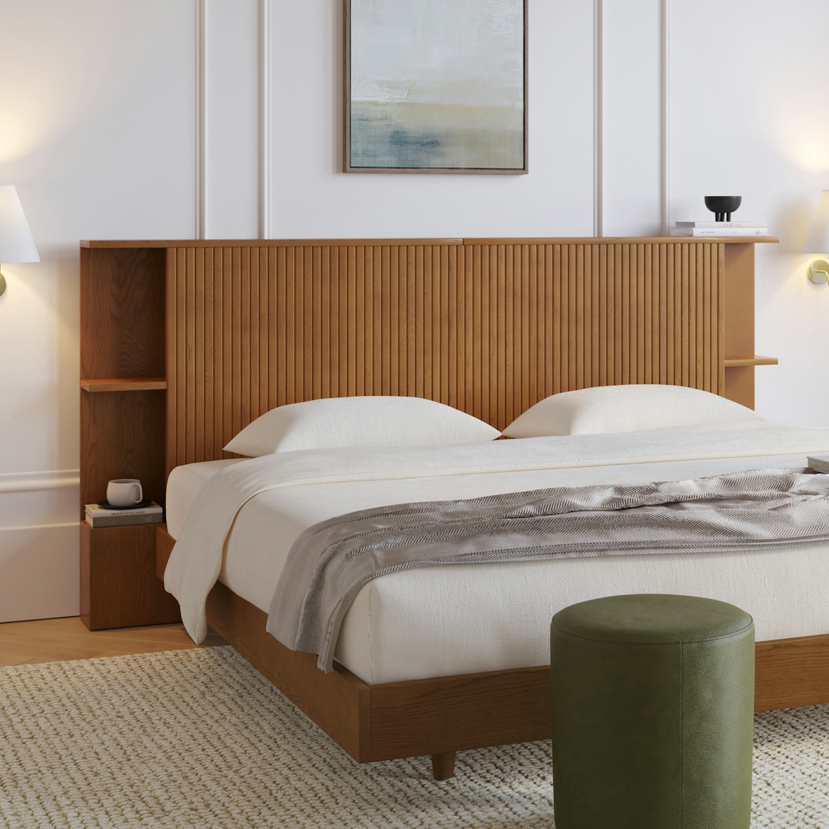 Kouva King Size Storage Headboard, Smoked Oak Wood, Scandinavian Design | Article Kouva Modern Bedroom Furniture, image size:1200x1200