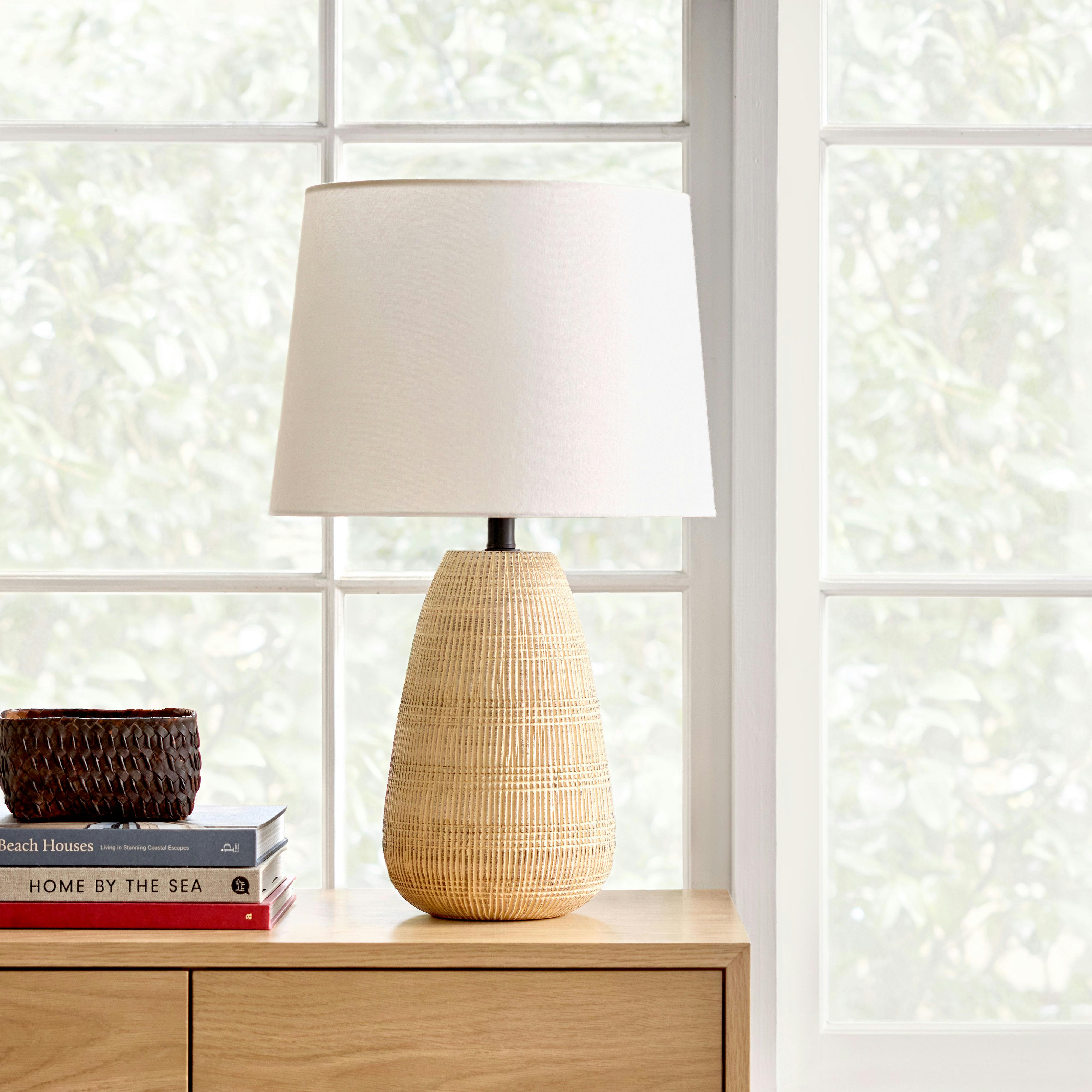 Brie Table Lamp, Linen Drum Shade, Brown Geometric Patterned