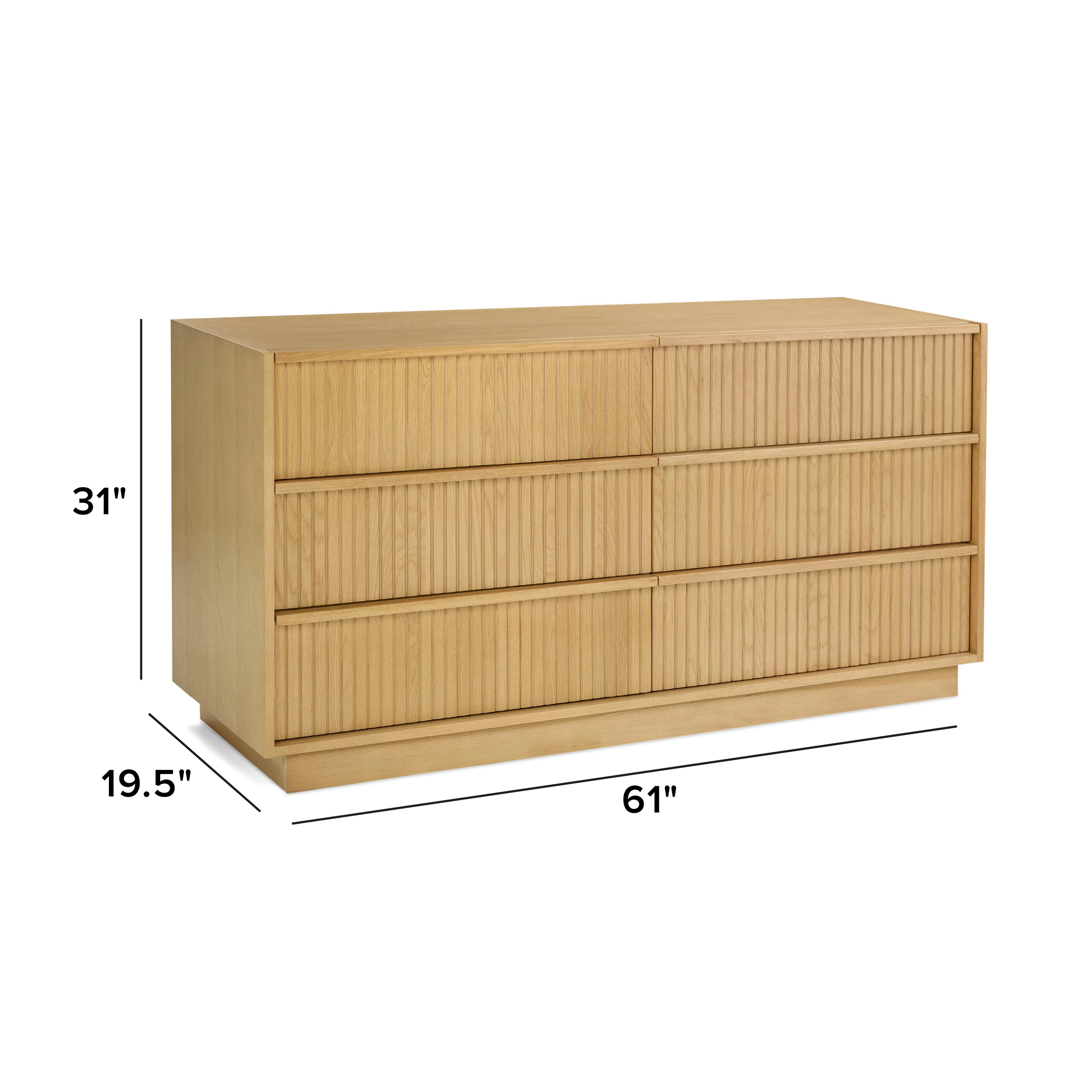 Kouva Natural Oak Wood 6-Drawer Dresser, Slatted Panels, Platform