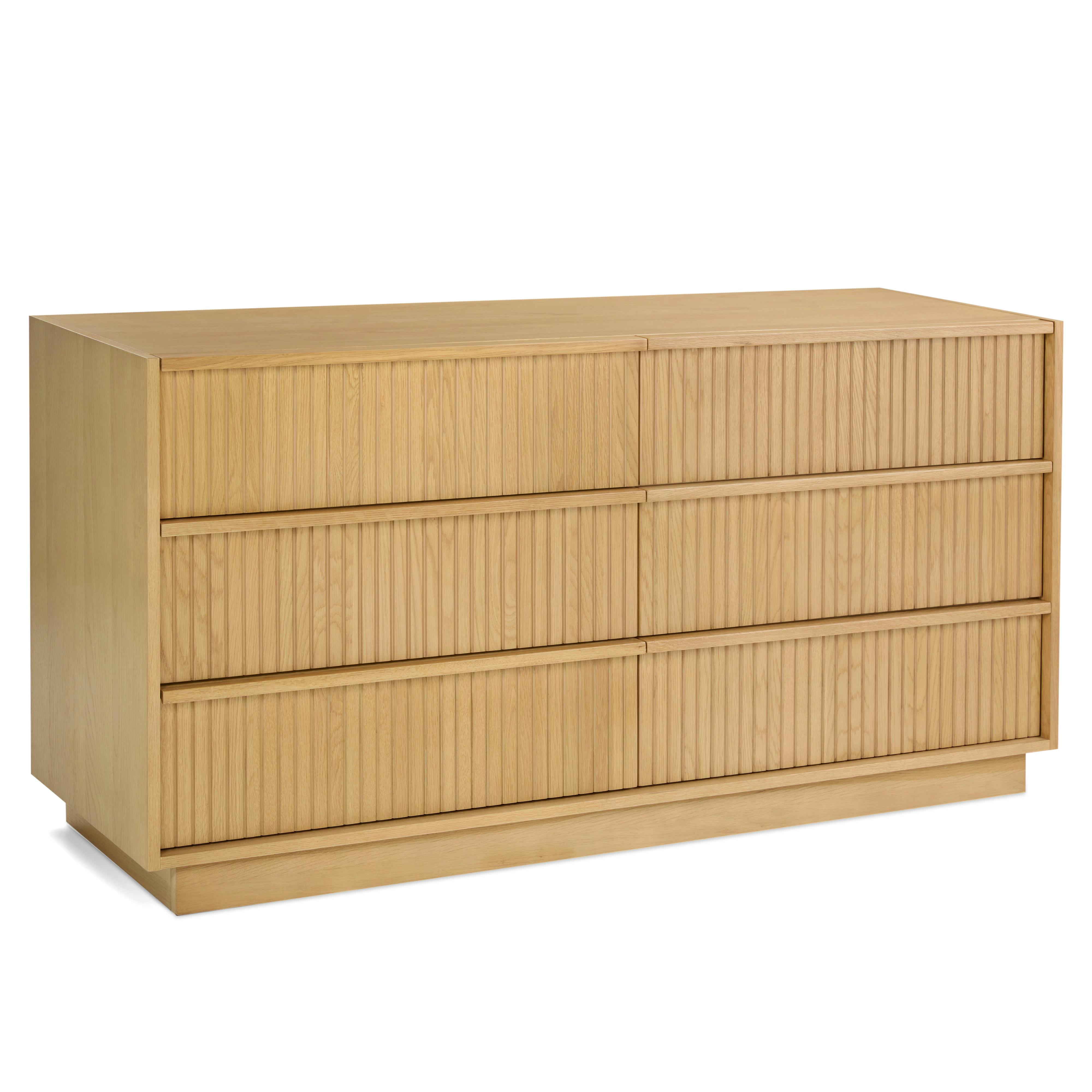 Kouva Natural Oak Wood 6-Drawer Dresser, Slatted Panels, Platform