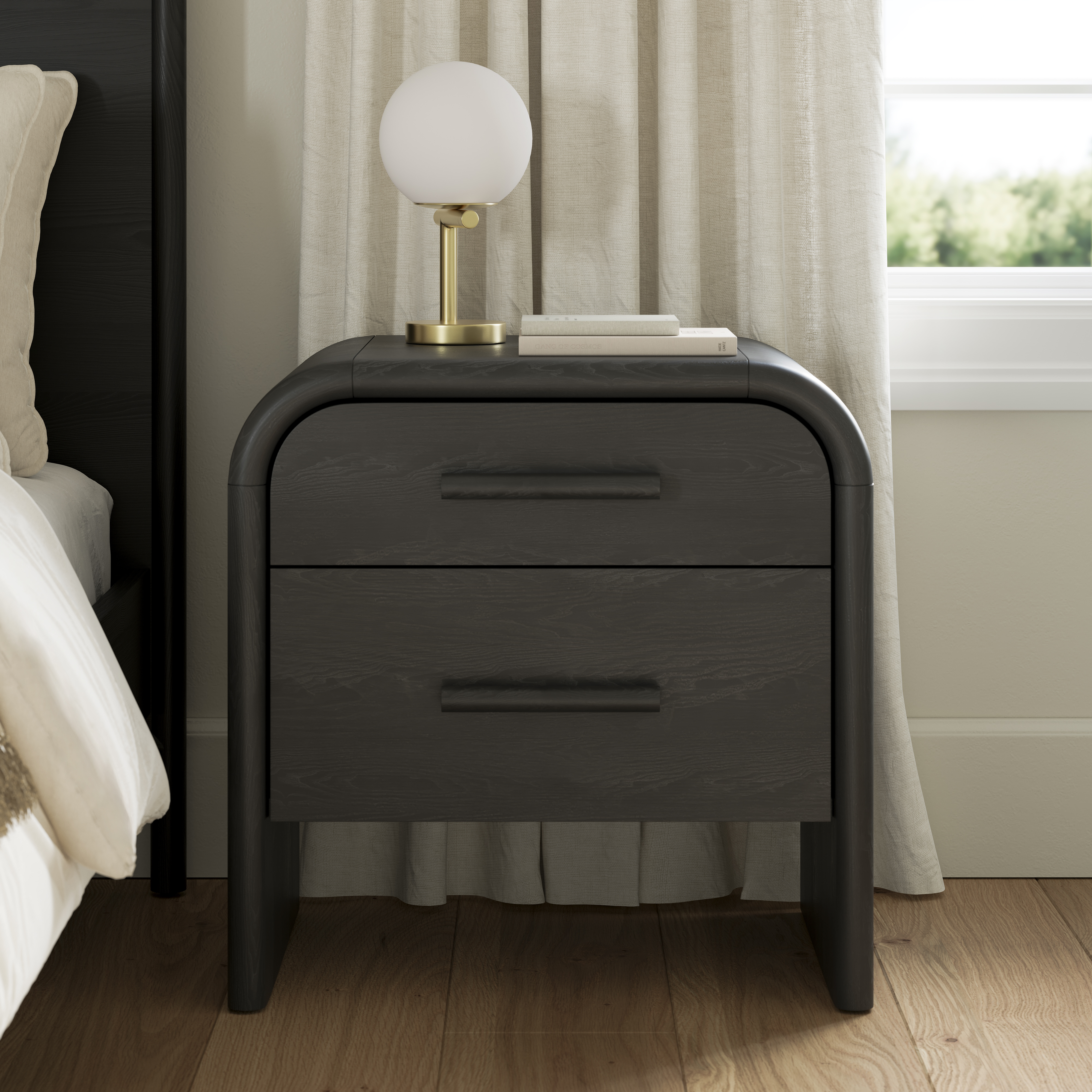 Faydra Black Ash 2-Drawer Wood Nightstand, Soft Close Drawers