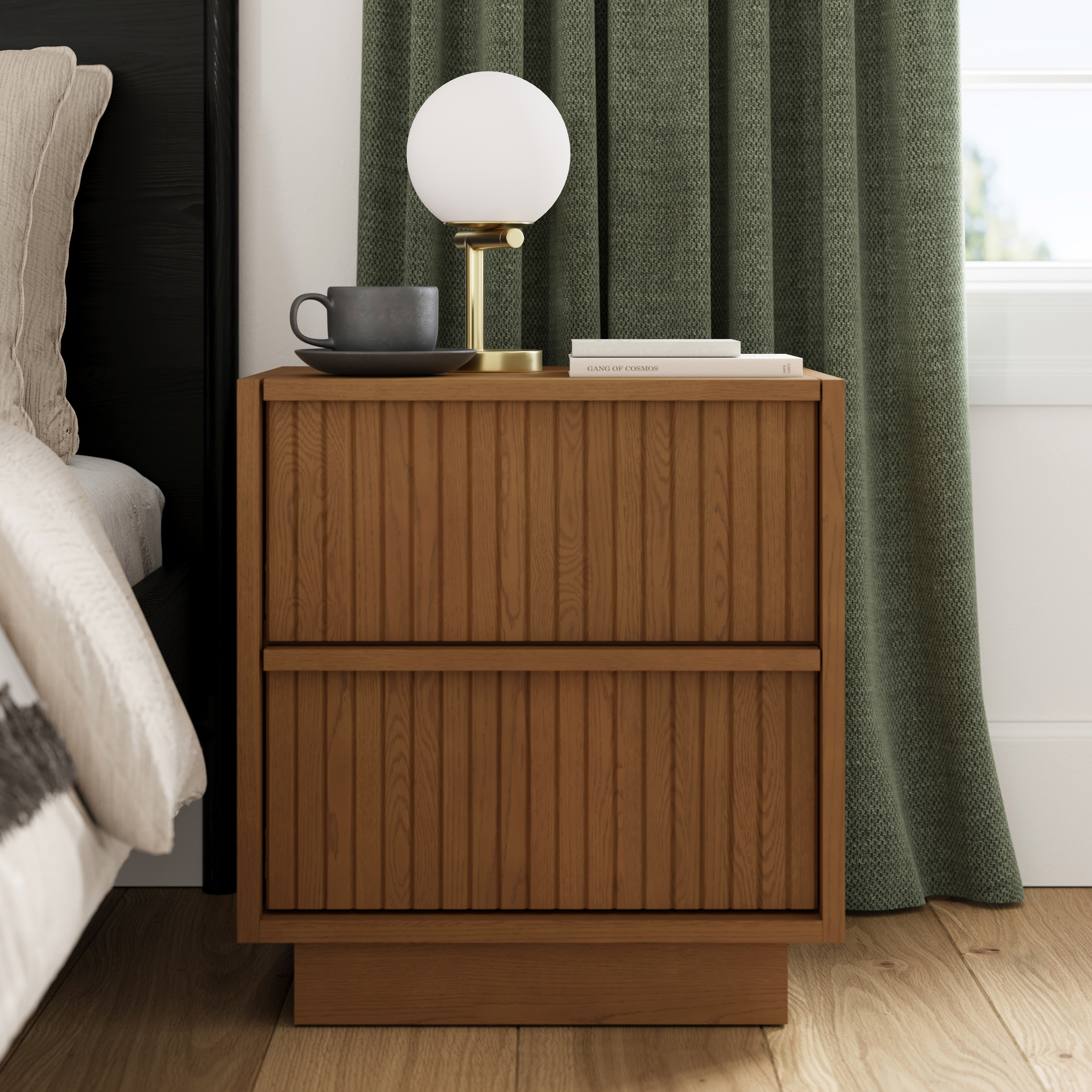Kouva Smoked Oak 2-Drawer Nightstand, Slatted Wood Panels