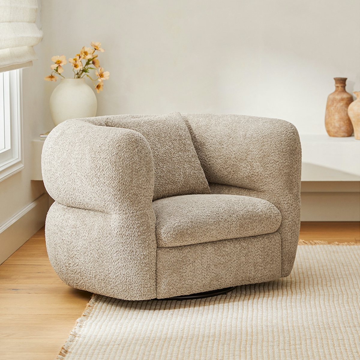 Quinn Mushroom Brown Textured Fabric Swivel Chair with Cushion | Article