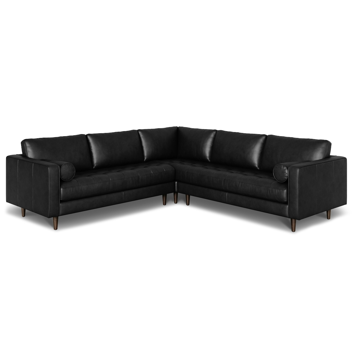 Sven Black Corner Sectional Sofa, Tufted Italian Leather, Walnut Wood