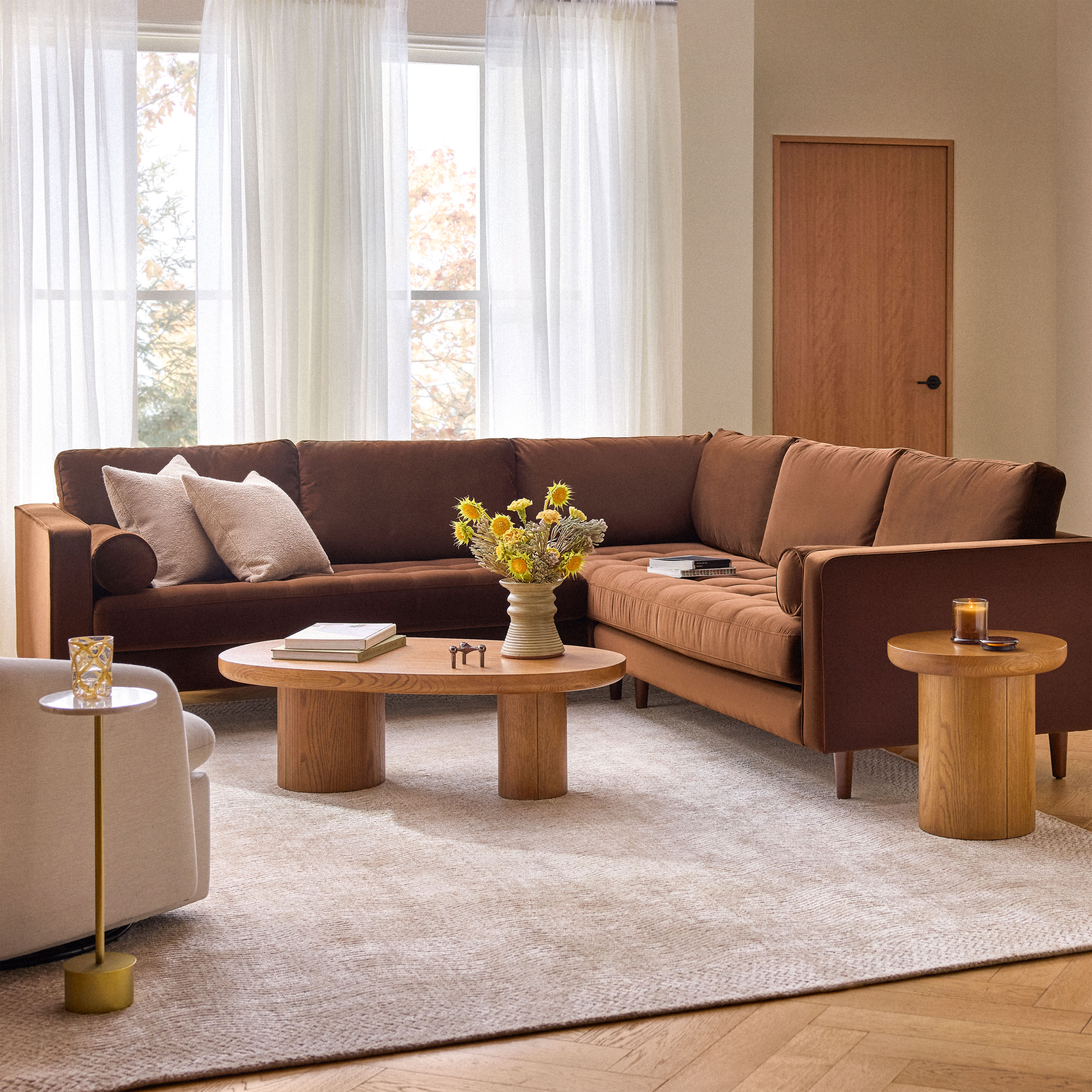 Sven Plush Pacific Brown Tufted Velvet Corner Sectional Sofa