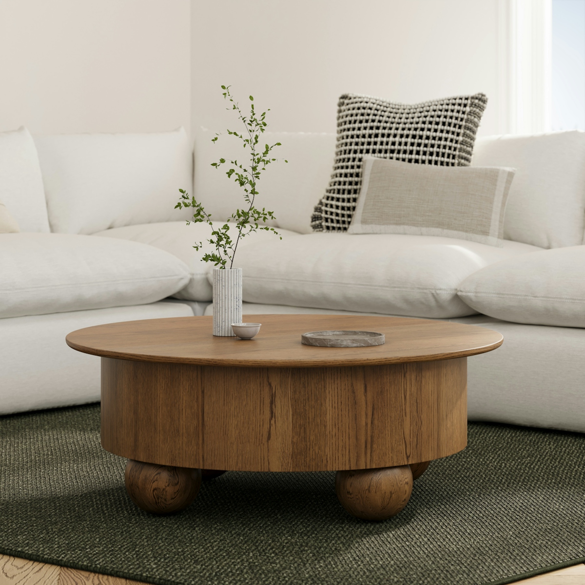 Sigrid Smoked Oak Round Storage Coffee Table, Solid Wood Sphere Legs ...