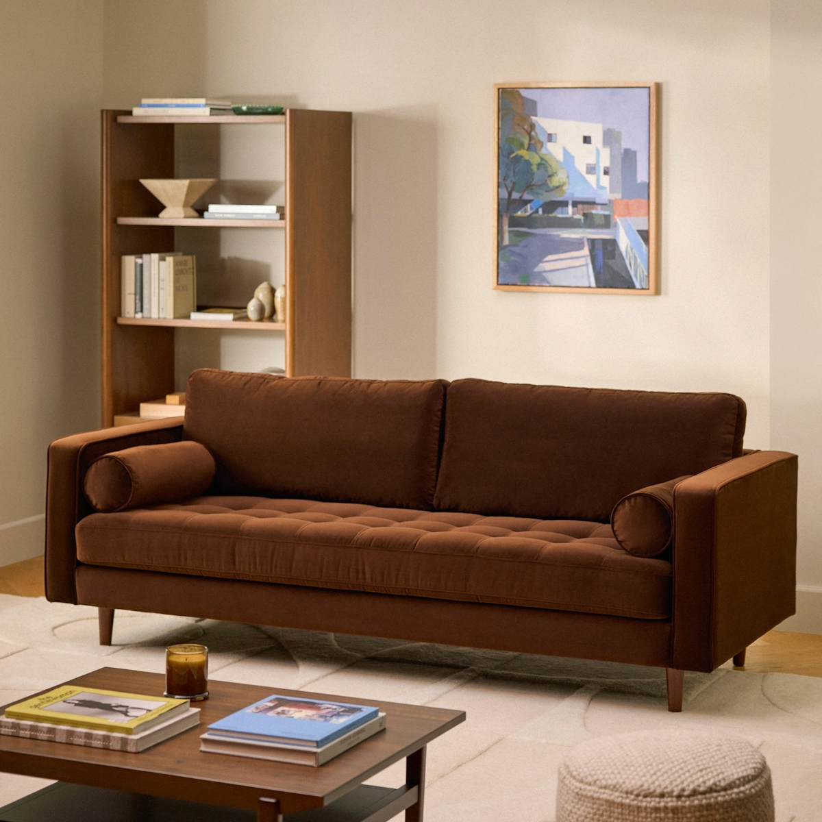 Brown Velvet 3 Seater Sofa, Tufted Se...