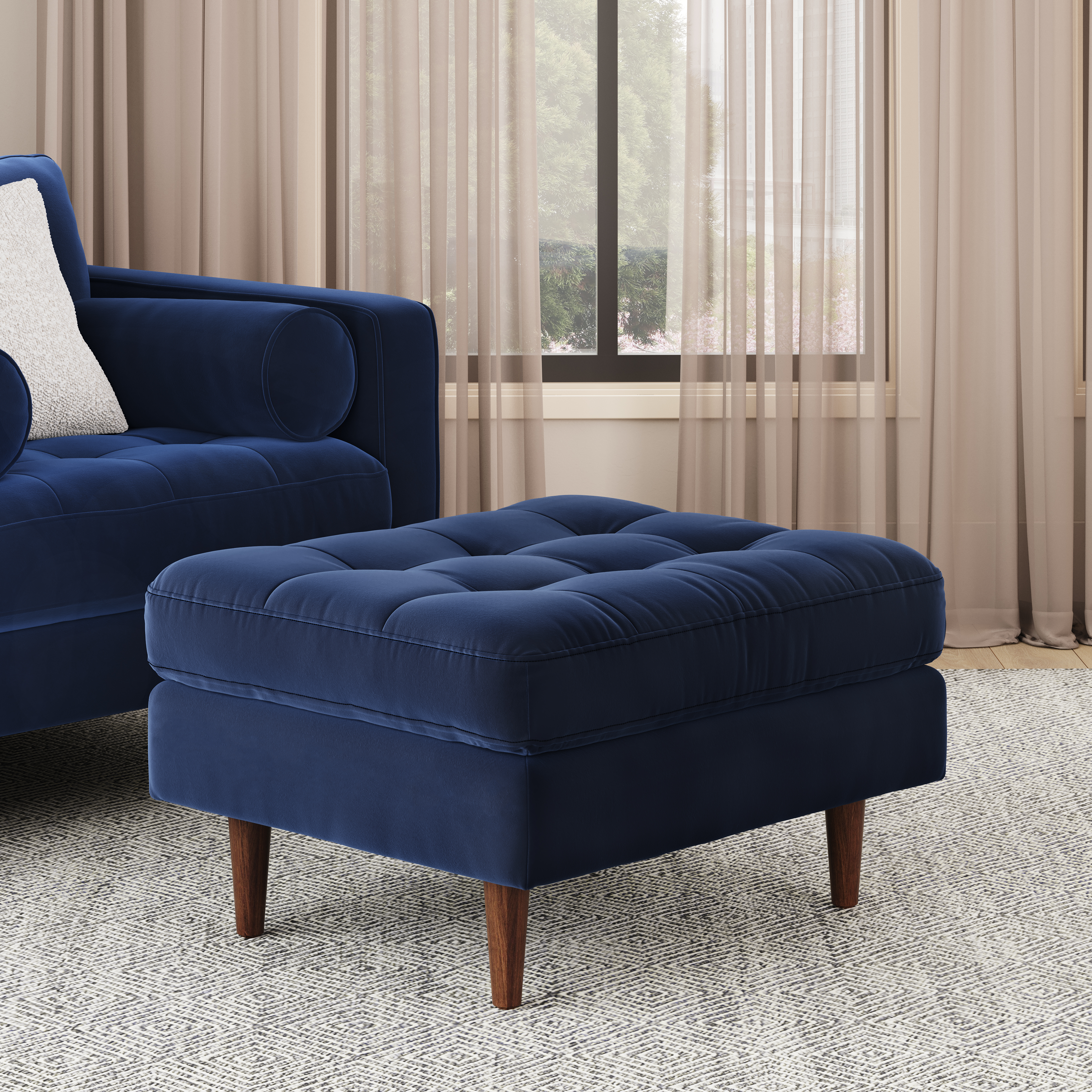 Sven Dark Blue Velvet Ottoman Walnut Wood Legs Article Mid Century Modern Furniture