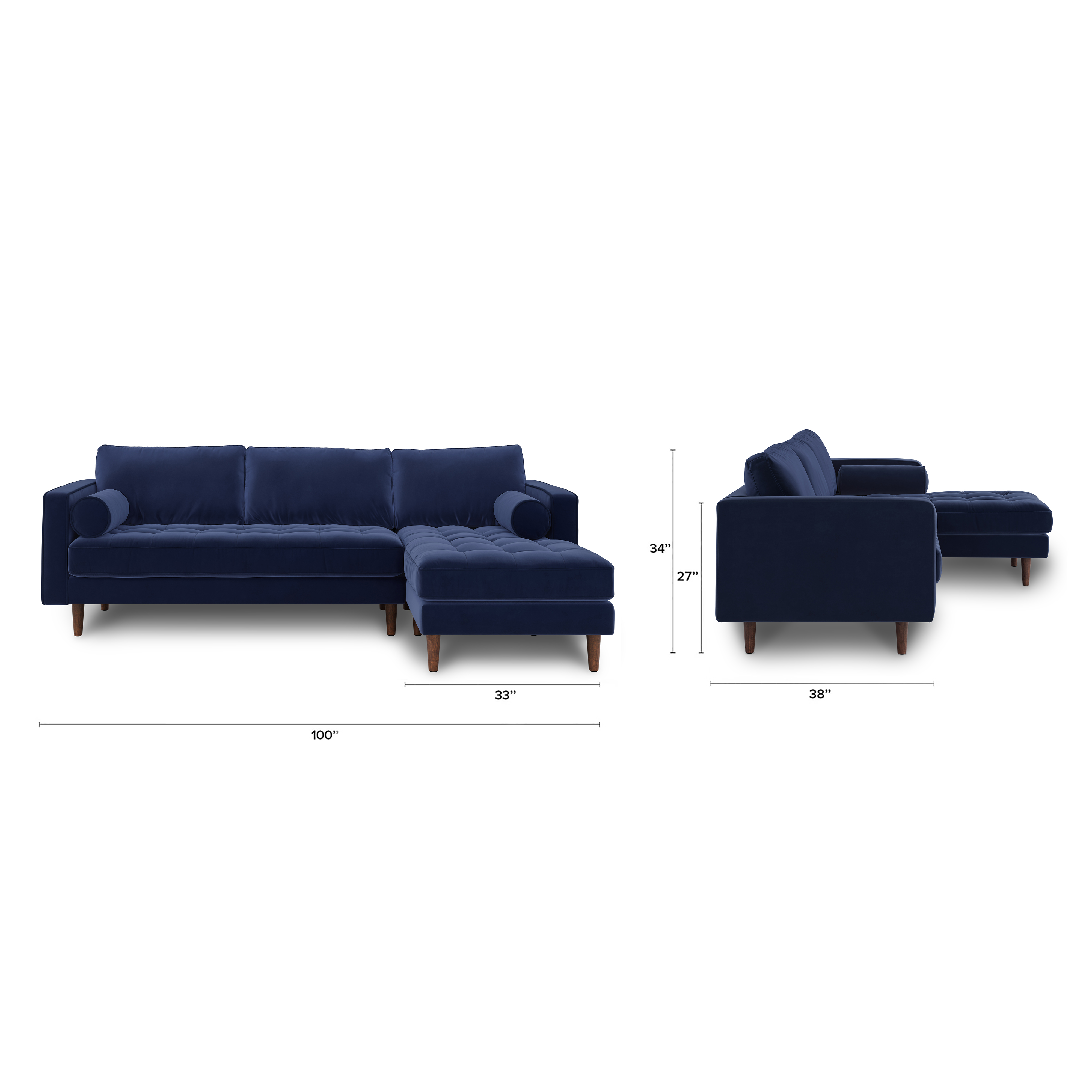 Sven Plush Cascadia Blue Tufted Velvet Right Chaise Sectional Sofa