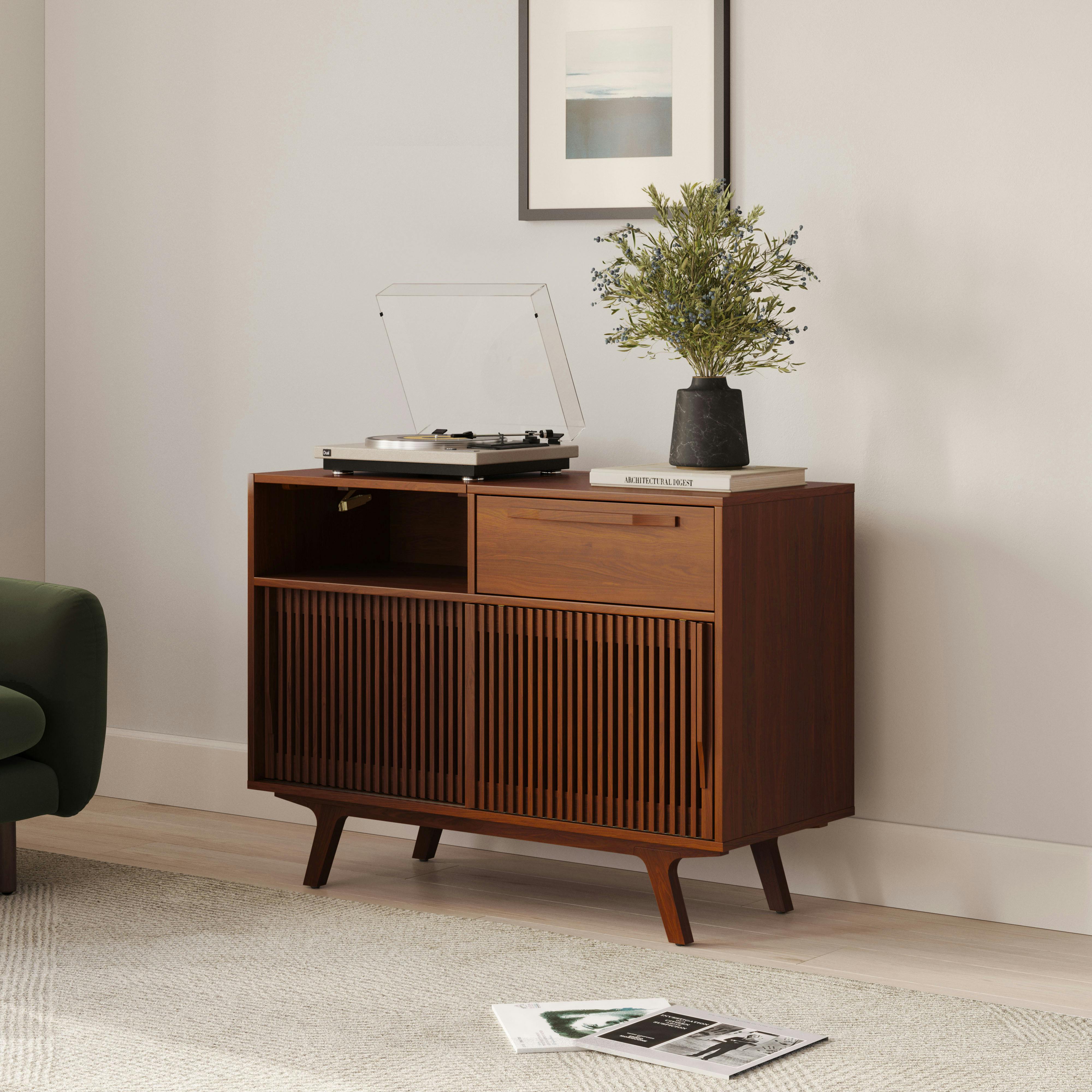 Jokuna American Walnut Vinyl Media Unit w/ Sliding Doors and