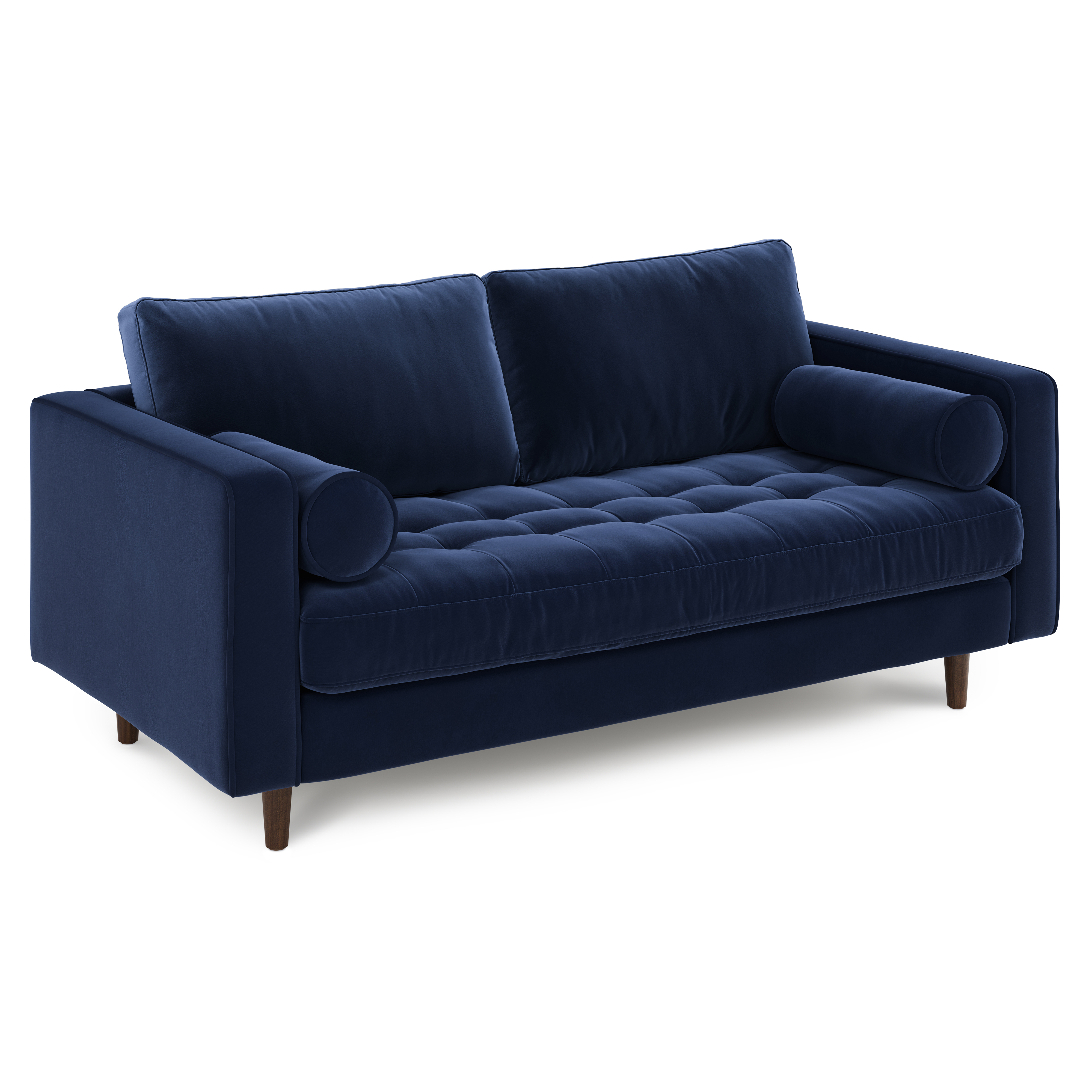 Sven Walnut Navy Blue Velvet Fabric 2.5 Seater Sofa 2 pillows Article