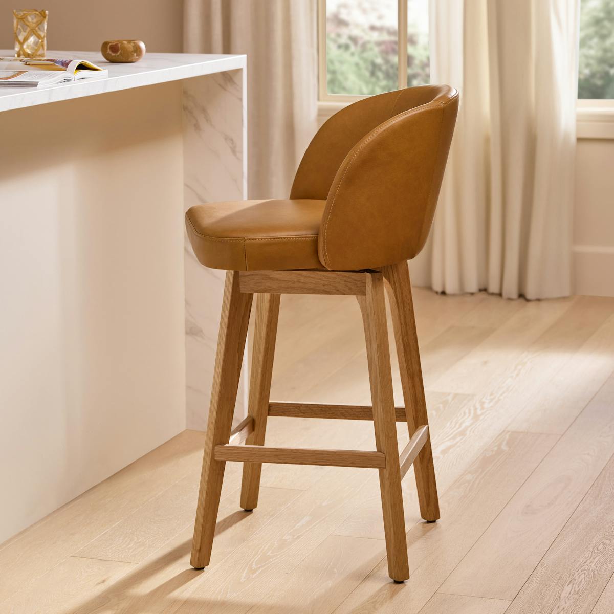 Alta Tan Leather Swivel Counter Stool, Upholstered Seat and Back, Oak ...
