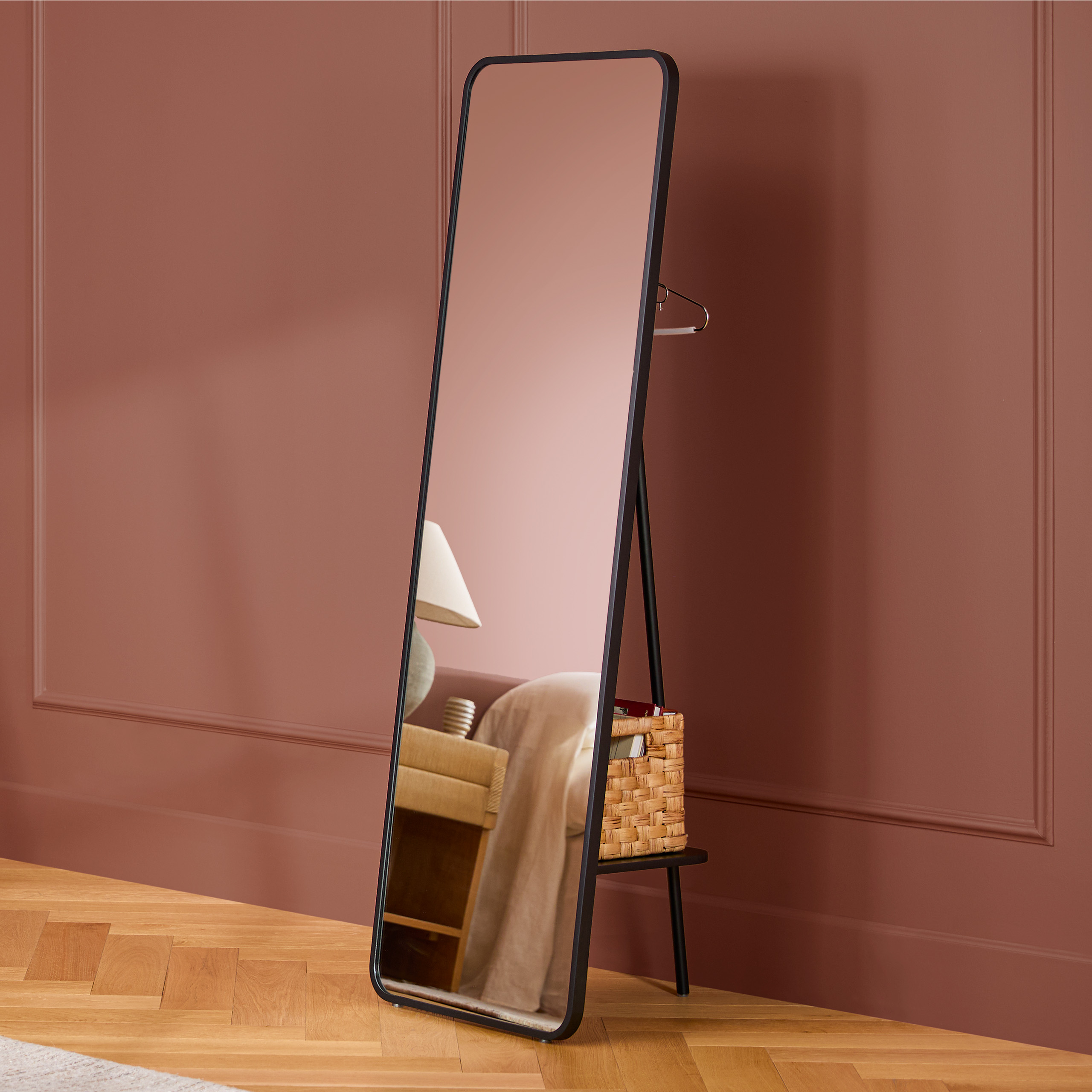 Beau Rectangular Matte Black Standing Mirror, Japandi Style