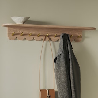 Shelly Scalloped Wide Ledge Wall Shelf, Oak Wood, Brass Hooks