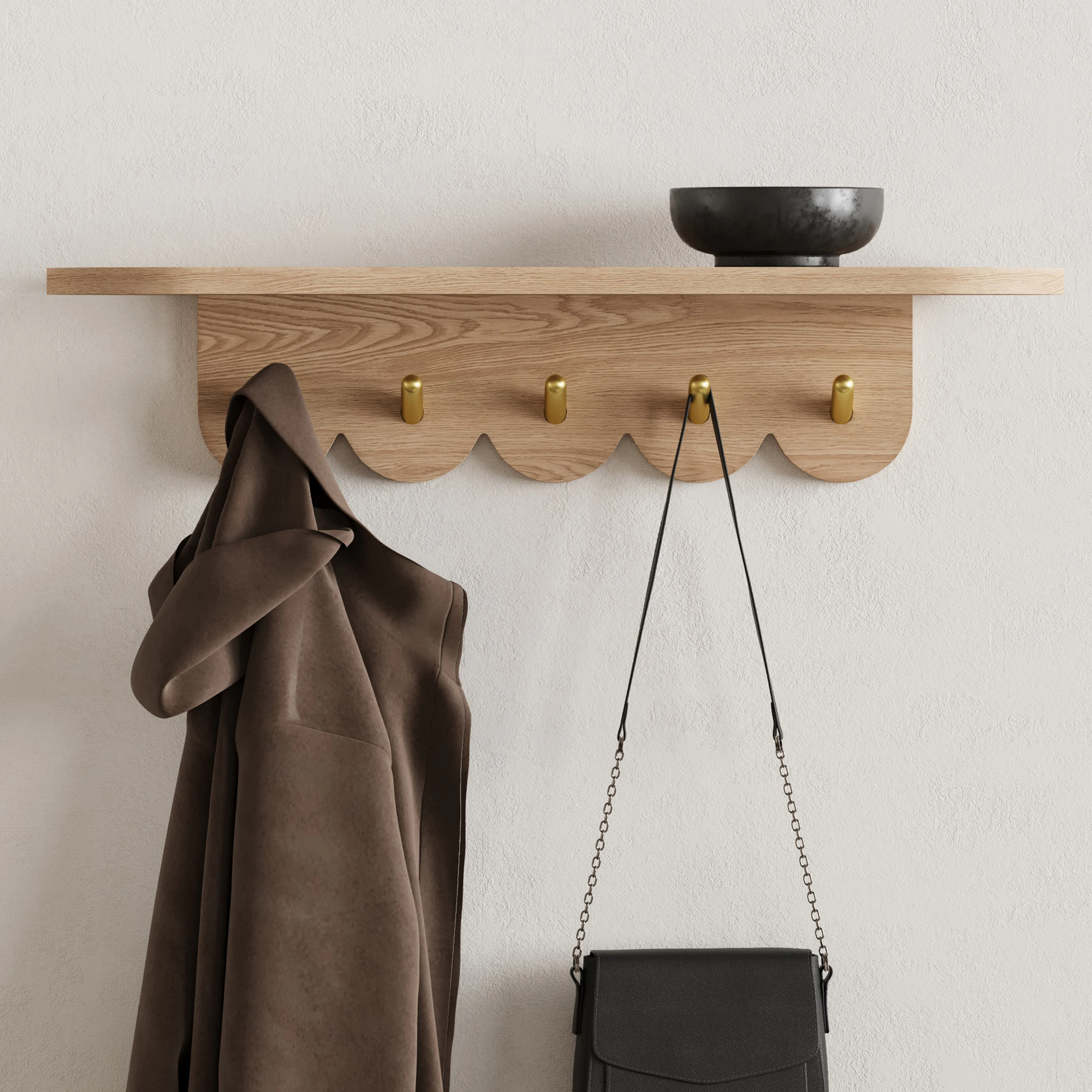 Shelly 24.5" Shelf and Coat Rack - Brass and Oak