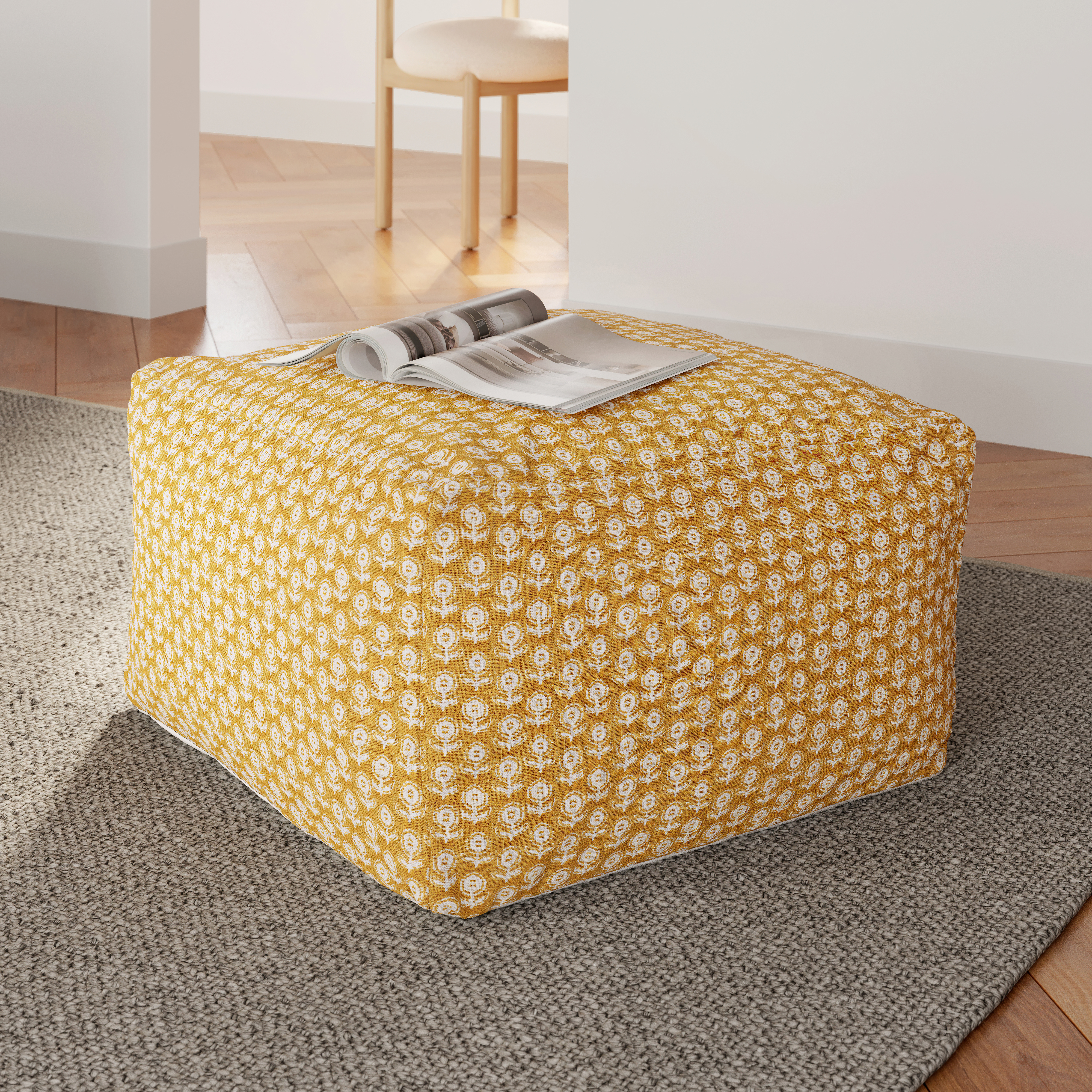 Priya Yellow Blockprint Pouf | Article