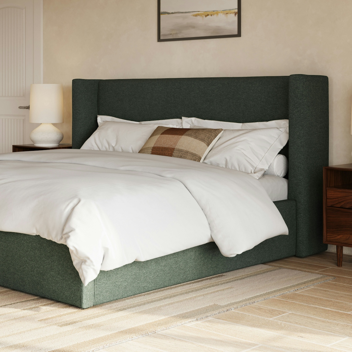Calabri Green Wool Bouclé King Bed, Teddy Fabric Headboard | Article