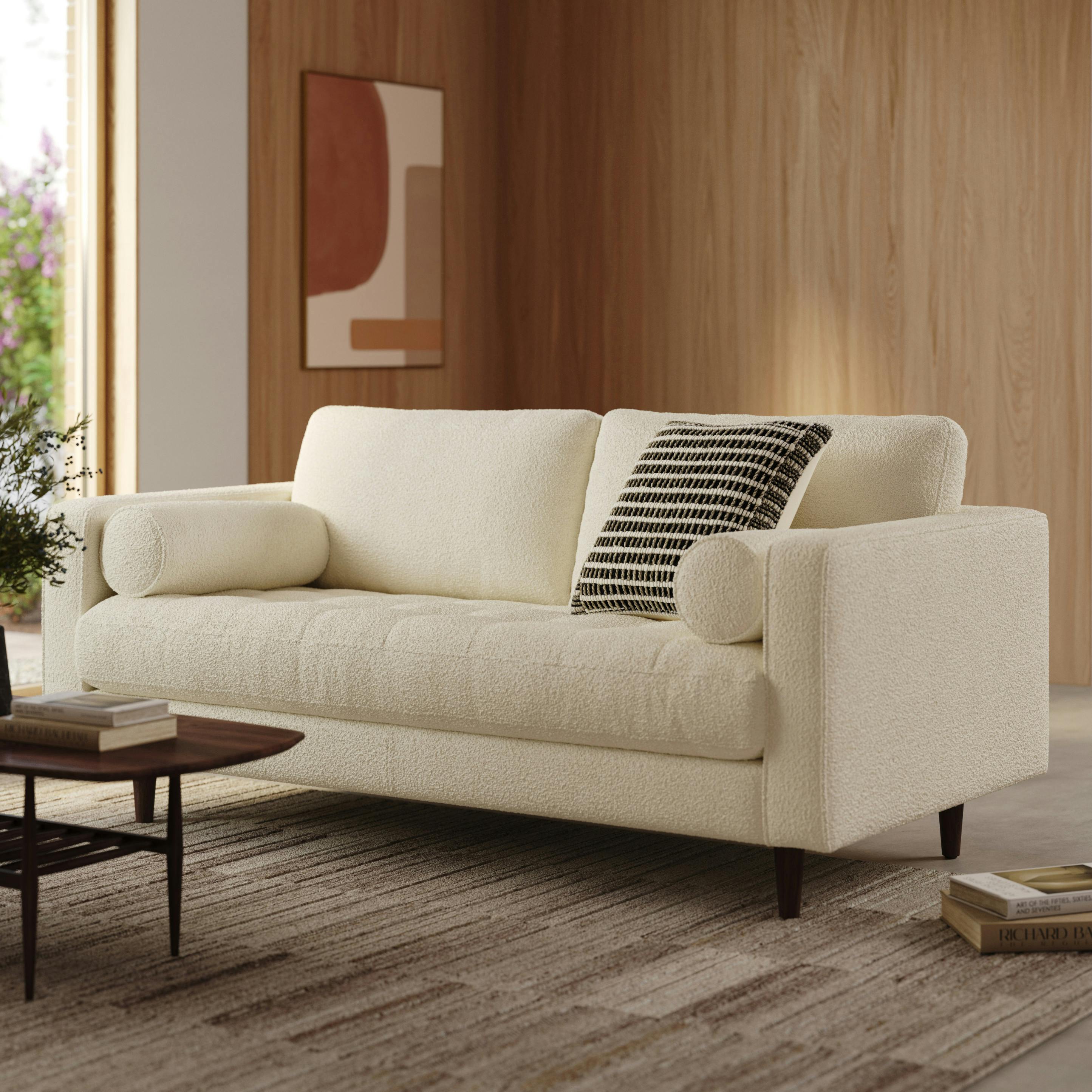 Article Sven 72" Tufted Loveseat — Ivory Wool Bouclé / Walnut stain / 72 in