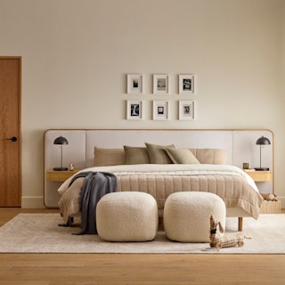 Bjorn King Upholstered Bed with Nightstands Set - White Oak and Ratine Ivory