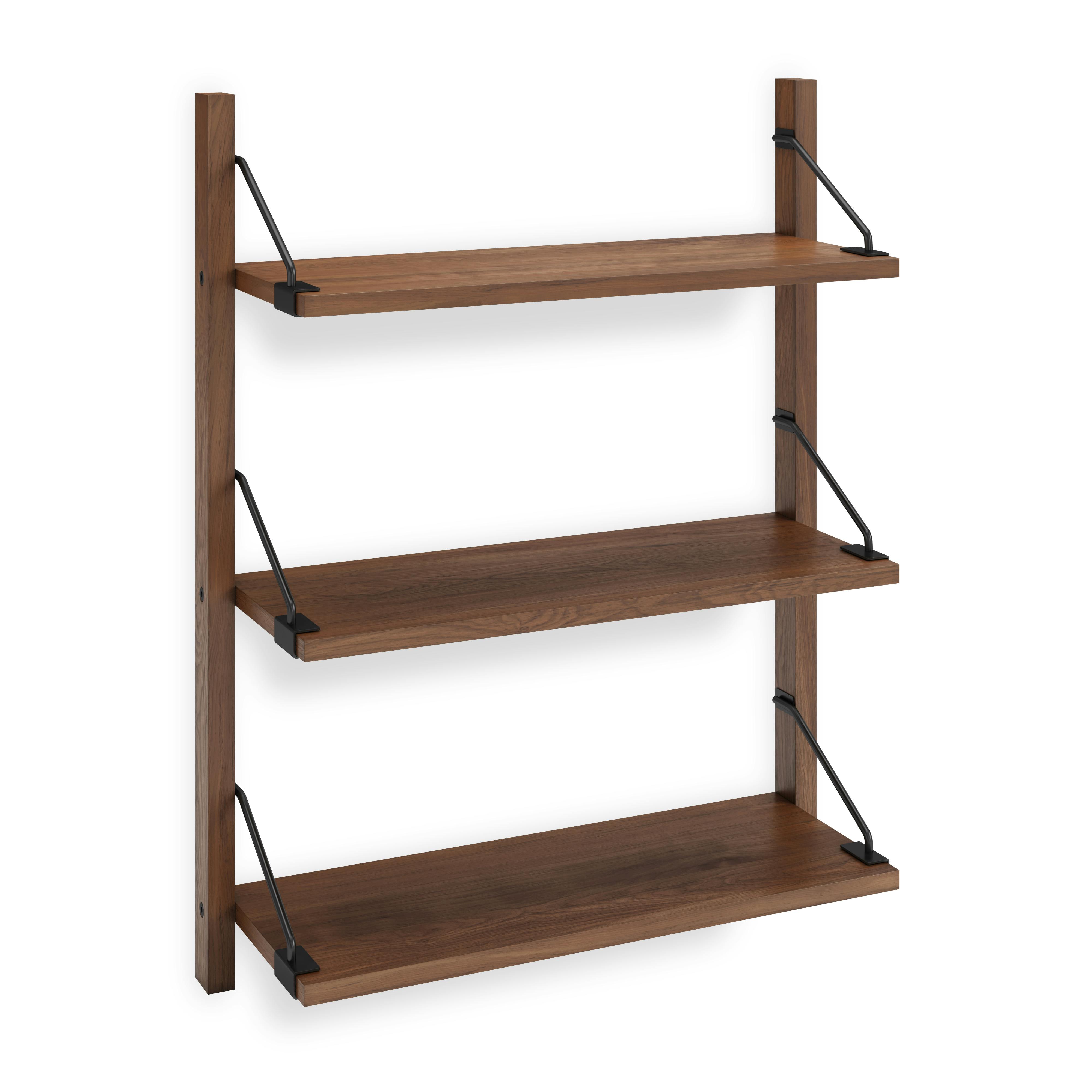 Stark Oak Wood Wall Shelf, Narrow 3-Tier Modular Design, Gold