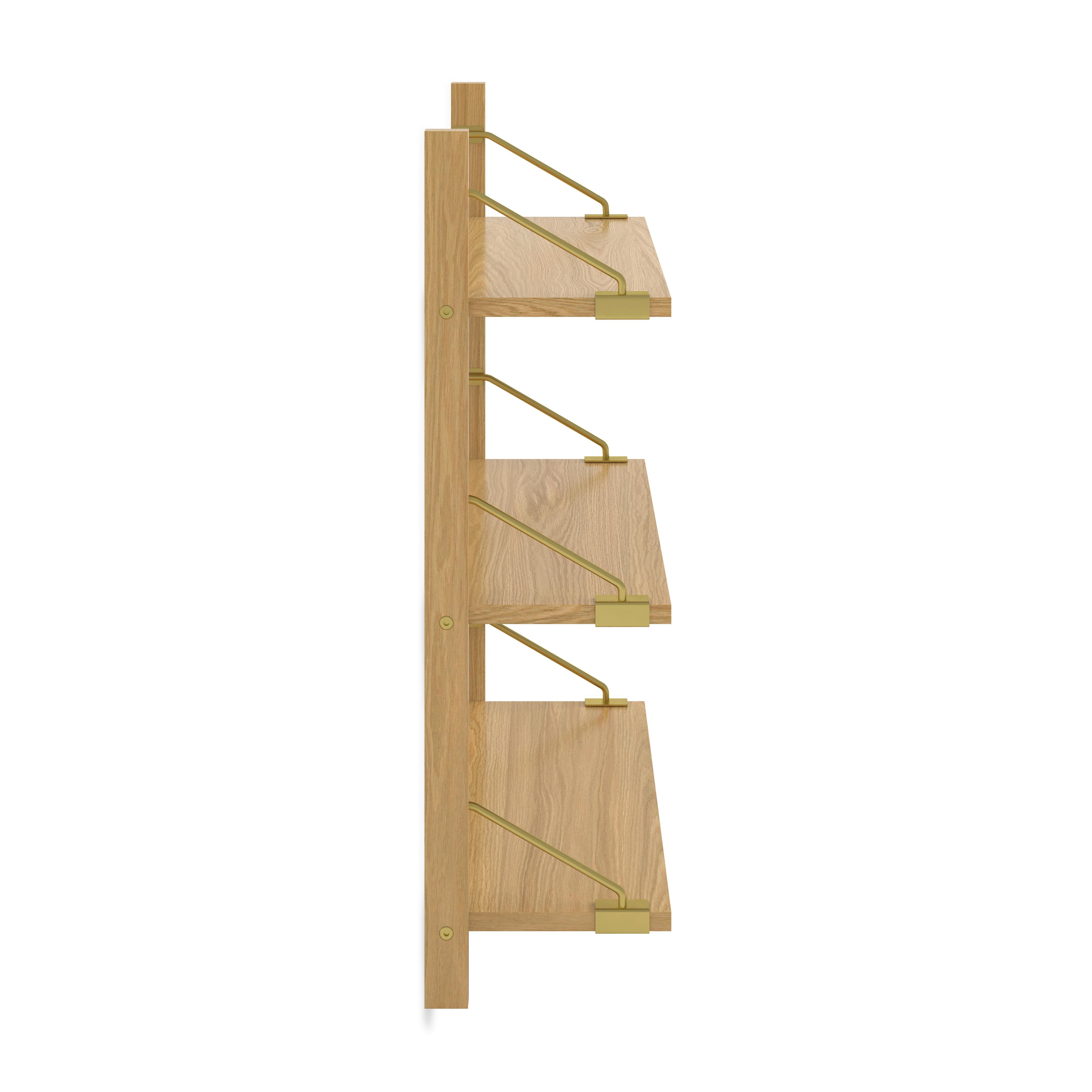 Stark Oak Wood Wall Shelf, Narrow 3-Tier Modular Design, Gold