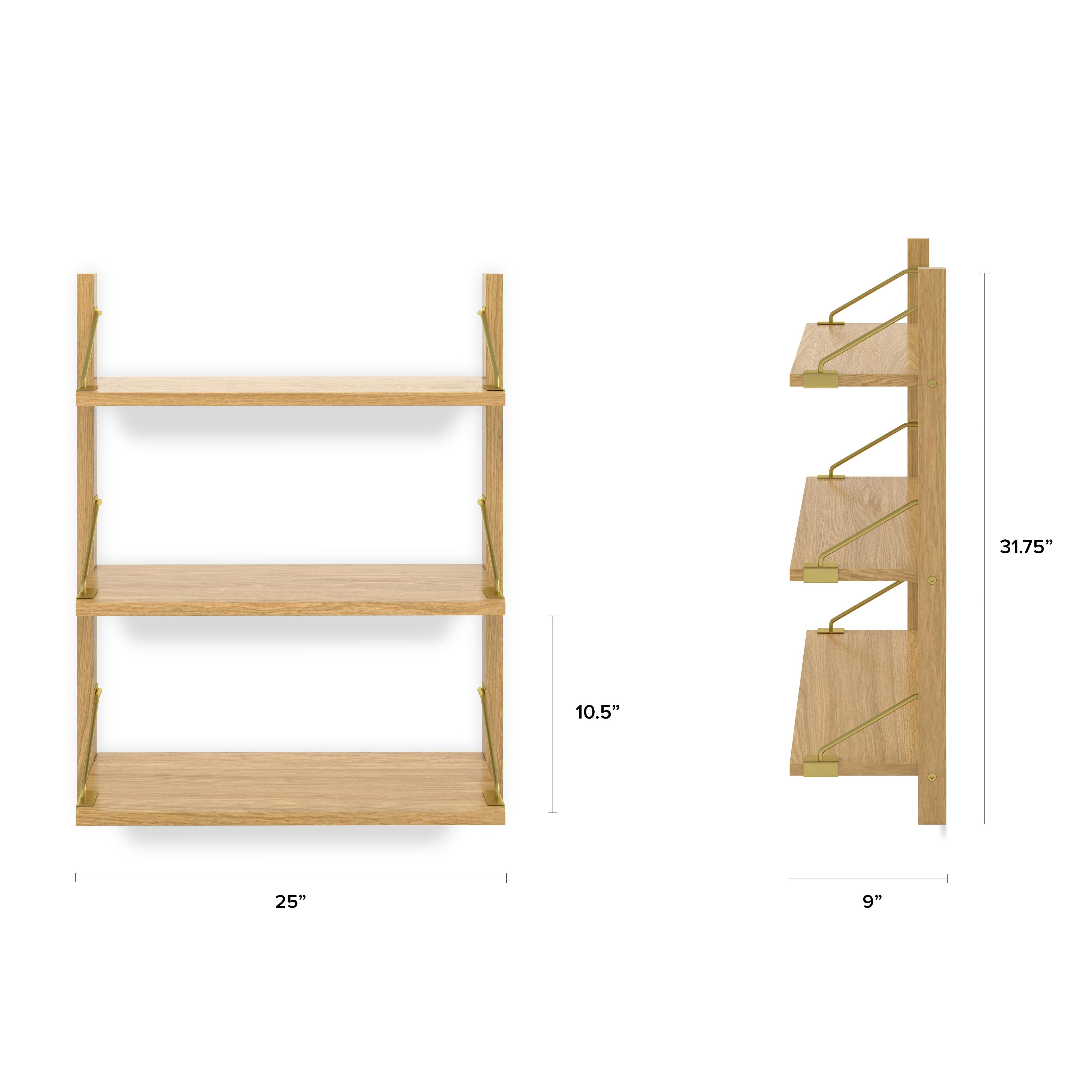 Stark Oak Wood Wall Shelf, Narrow 3-Tier Modular Design, Gold