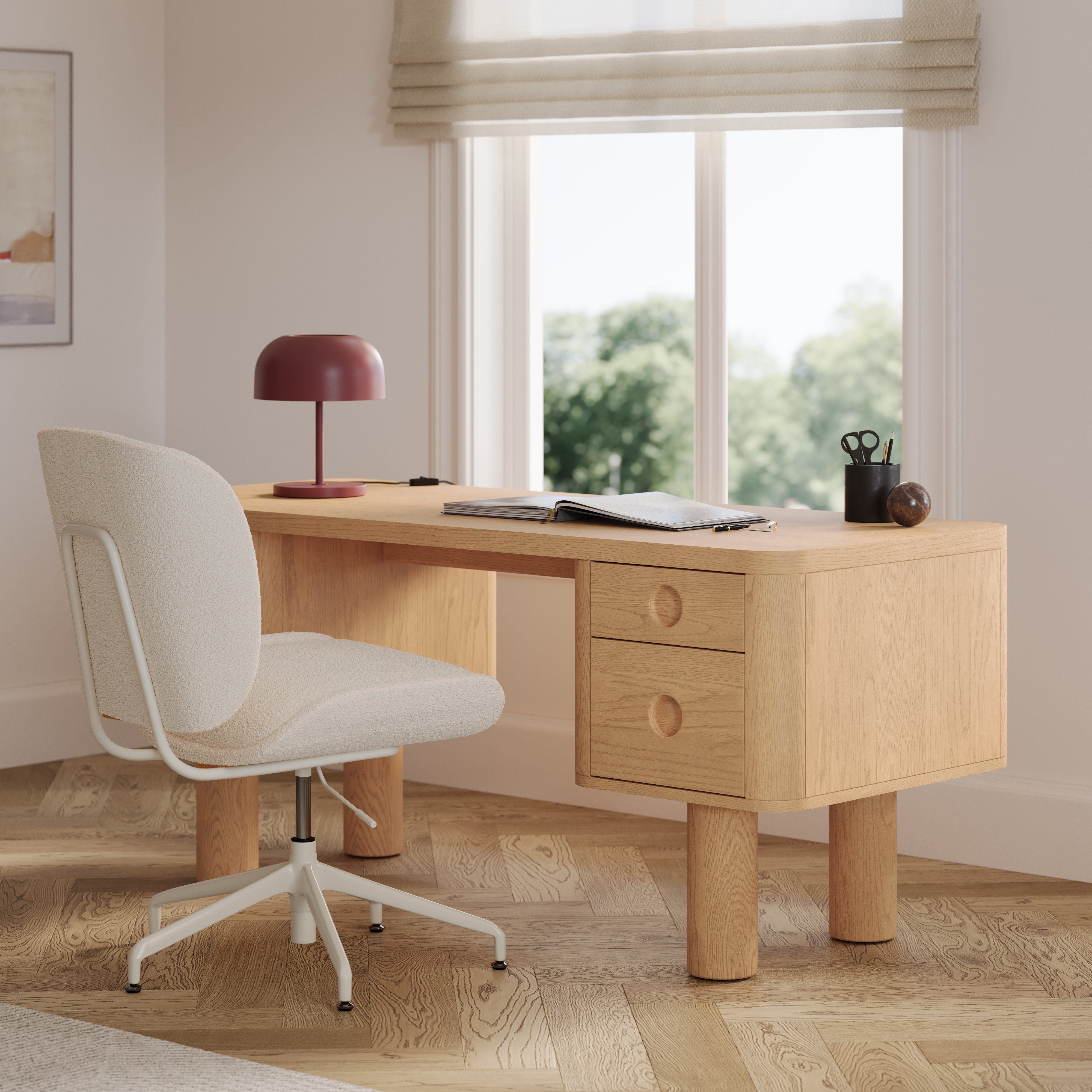 Adel White Oak Desk Solid Wood Frame Legs Cable Management Storage Drawers Article Adel Muhly Modern and Scandinavian Design Furniture