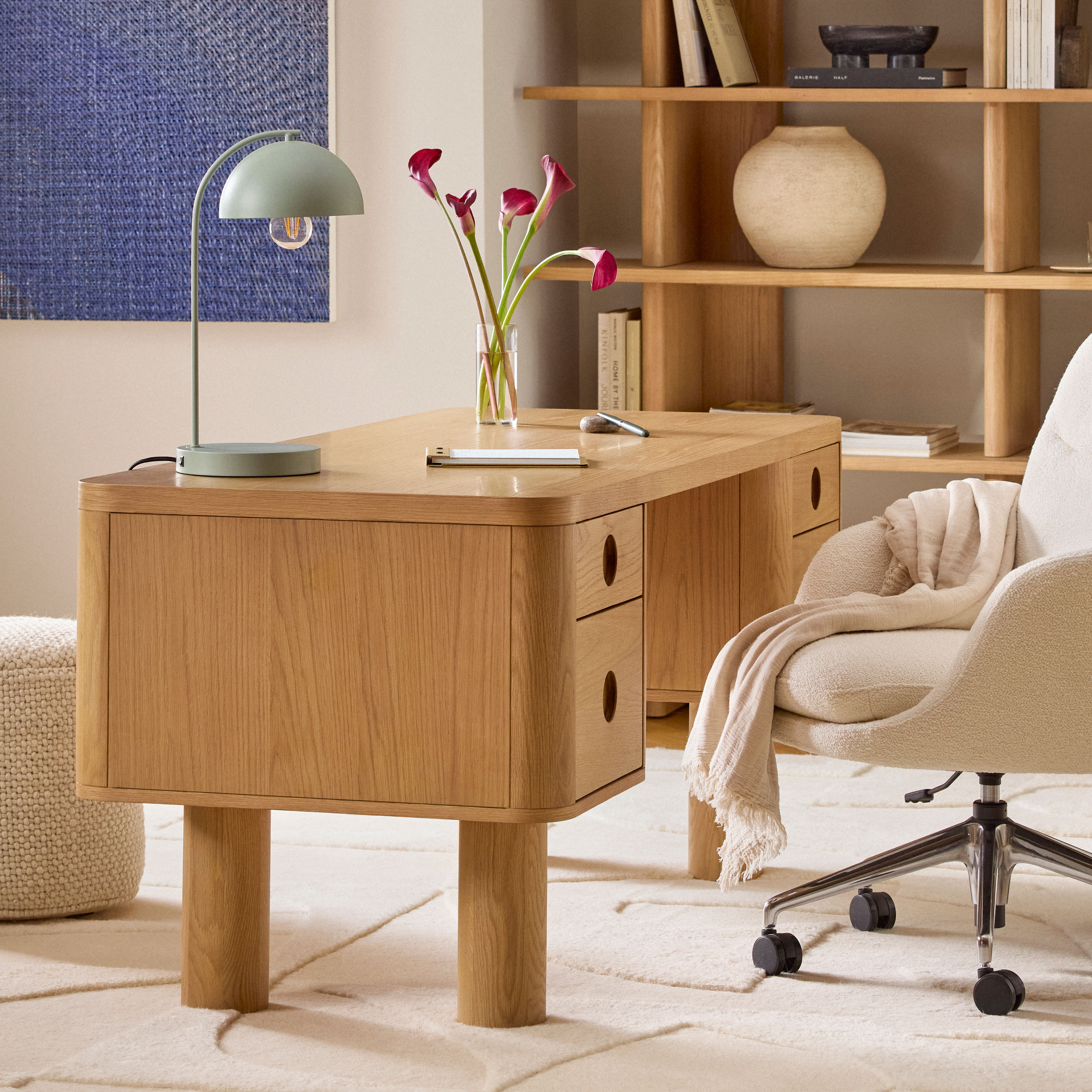 Adel White Oak Desk, Solid Wood Frame & Legs, Cable Management