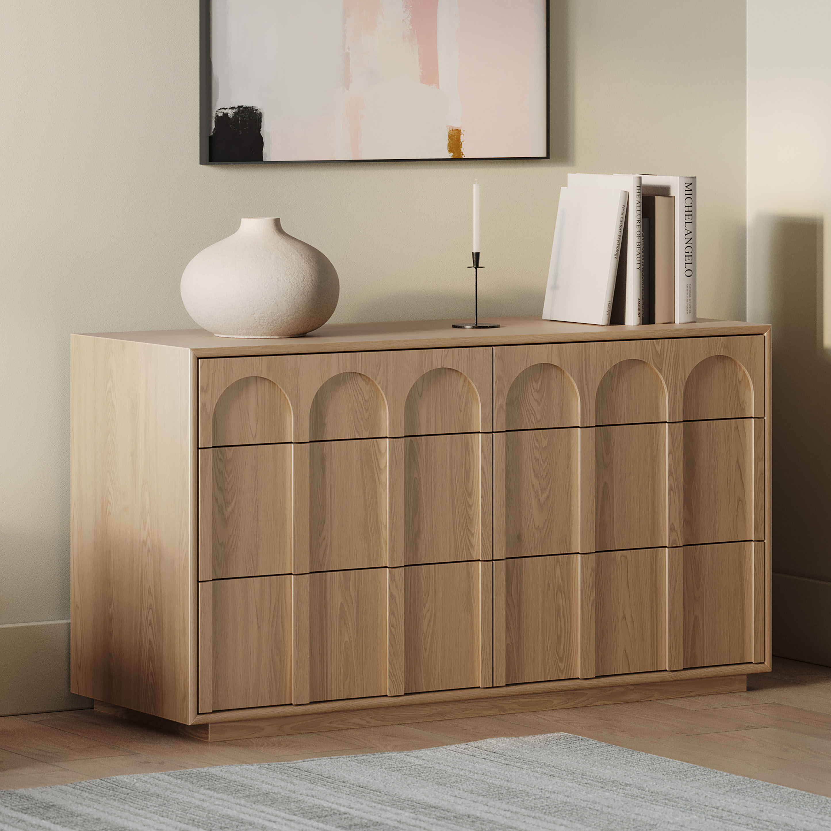 Prima Walnut Wood Cabinet Arched Panels Plinth Base Closed Storage Article