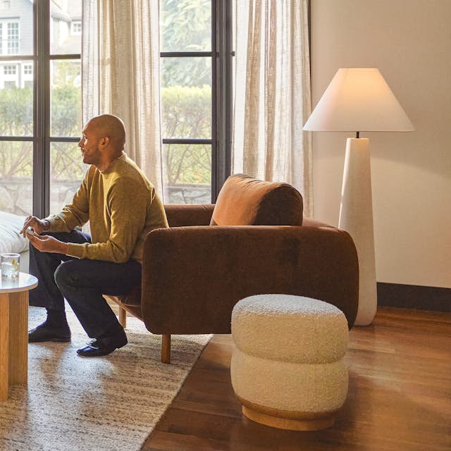 Pilar White Terrazzo Statement Floor Lamp, Cone Shade, Black Fabric ...