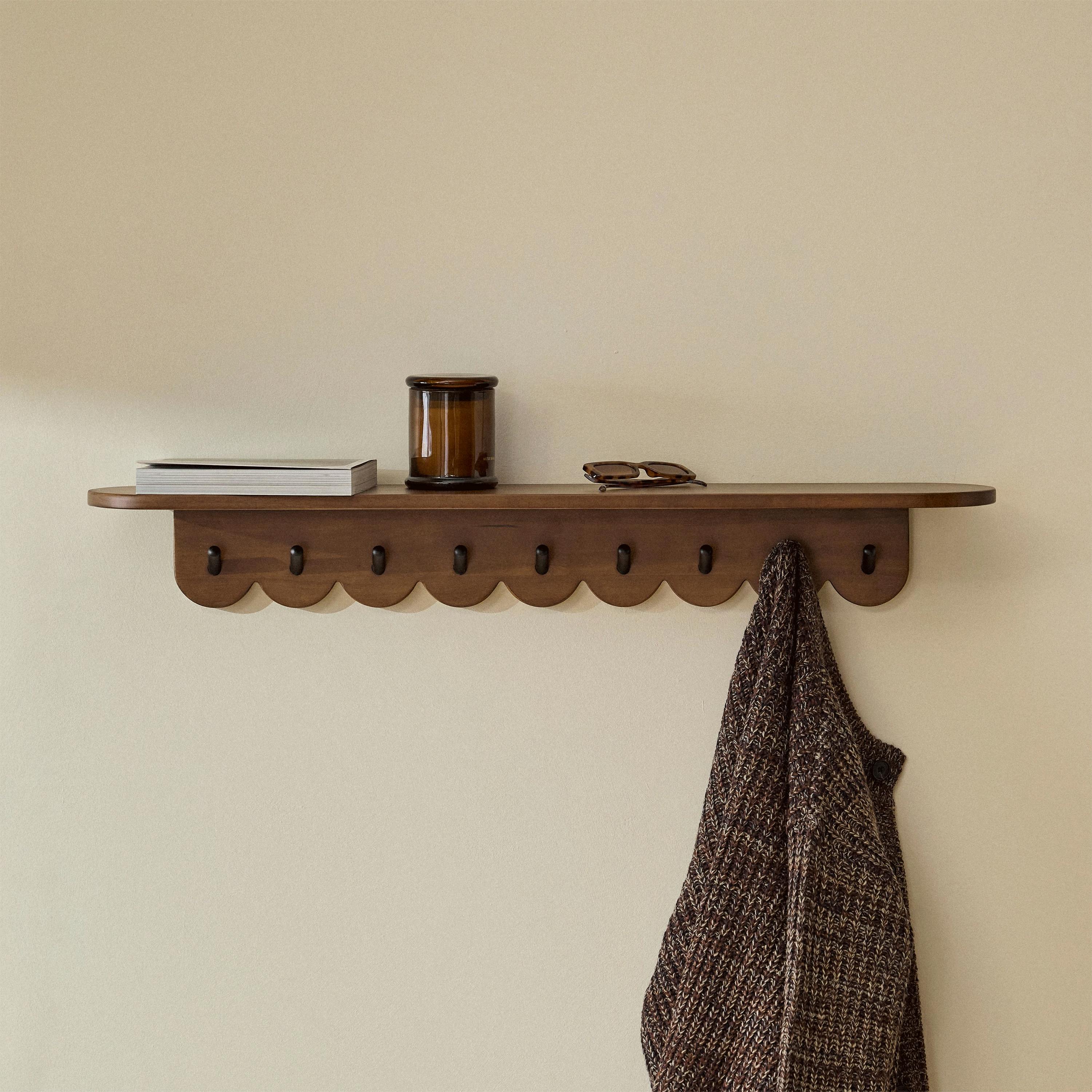 Shelly Scalloped Wide Ledge Wall Shelf, Walnut Wood, Black Hooks