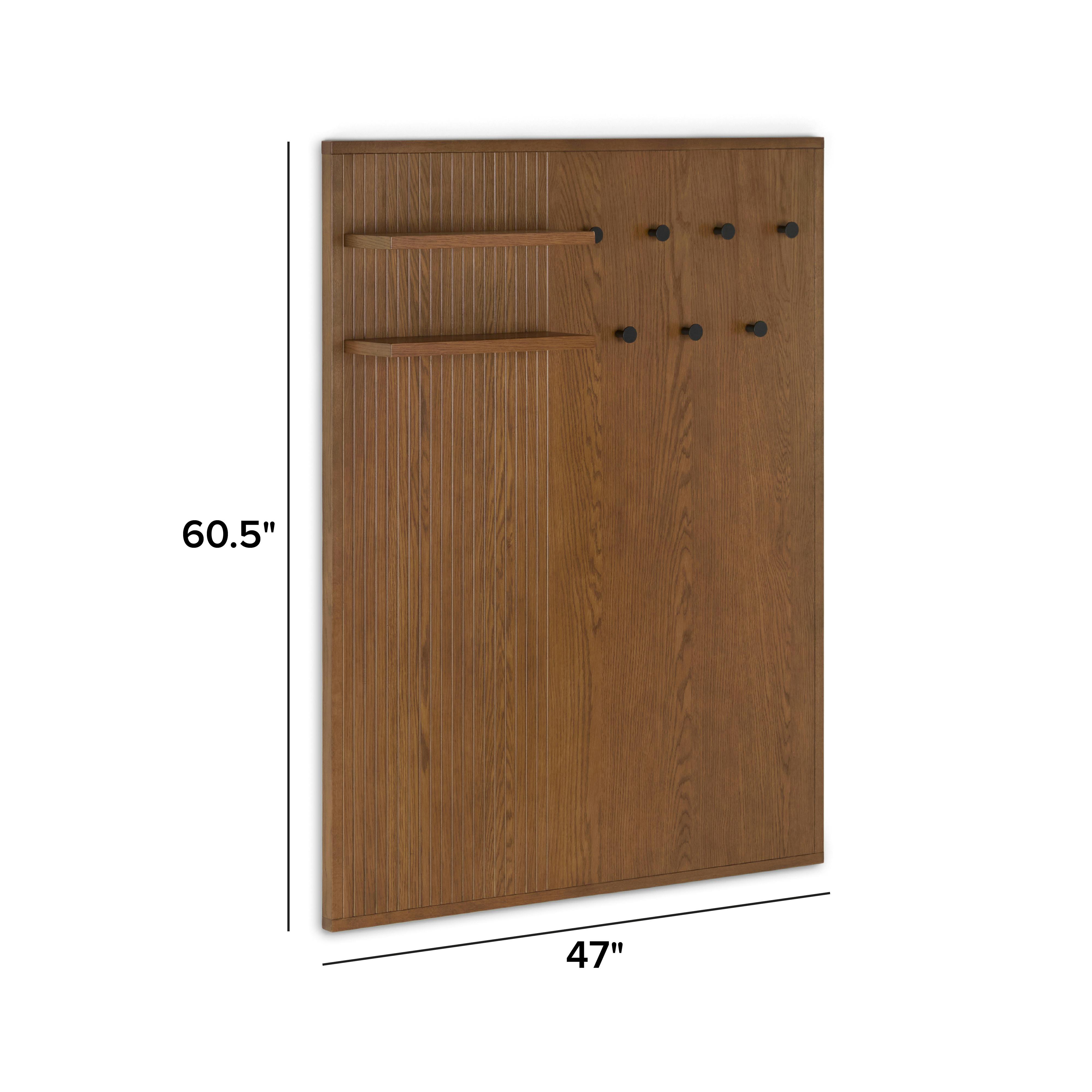 Kouva Smoked Oak Wall Panel with Shelves and Black Coat Hooks