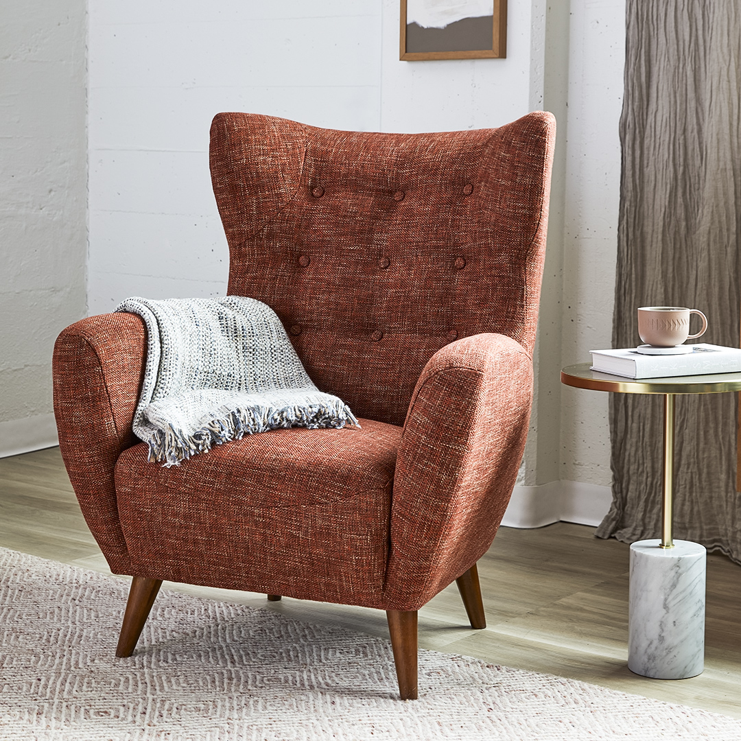Mod Orange Fabric Accent Armchair, High Wing Back, Curved Arms