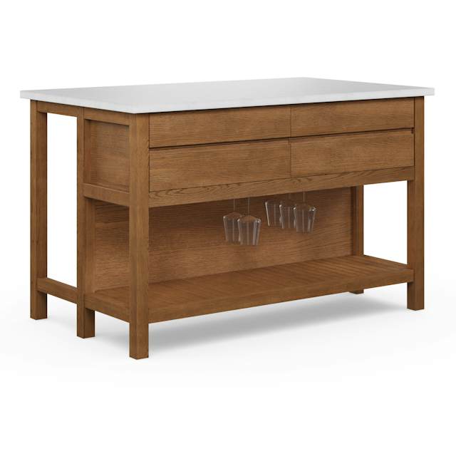 Quincy Smoked Oak Wood & Quartz Kitchen Island w/ Counter Stool Seating ...