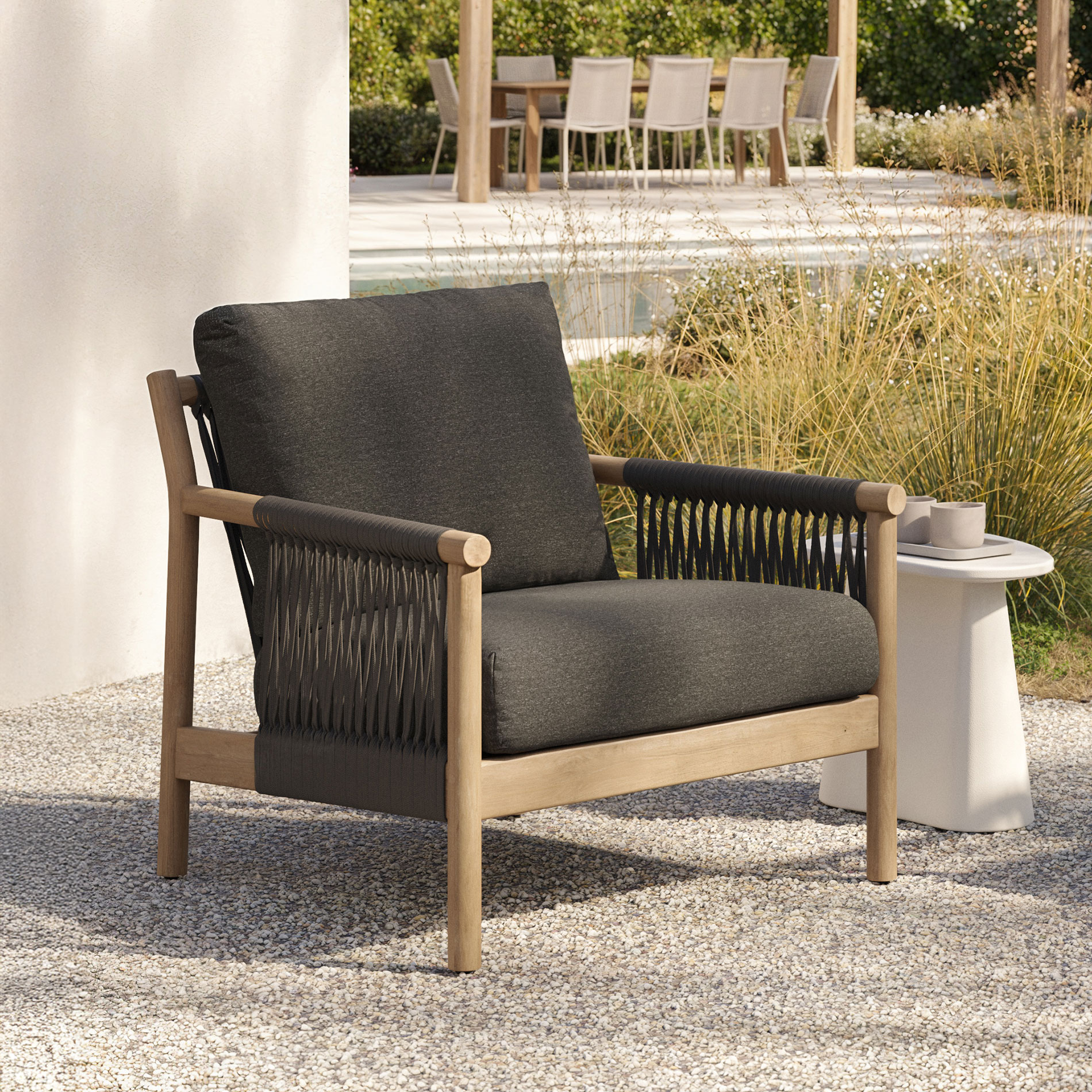 Rosa Dravite Black & Solid Eucalyptus Outdoor Lounge Chair | Article