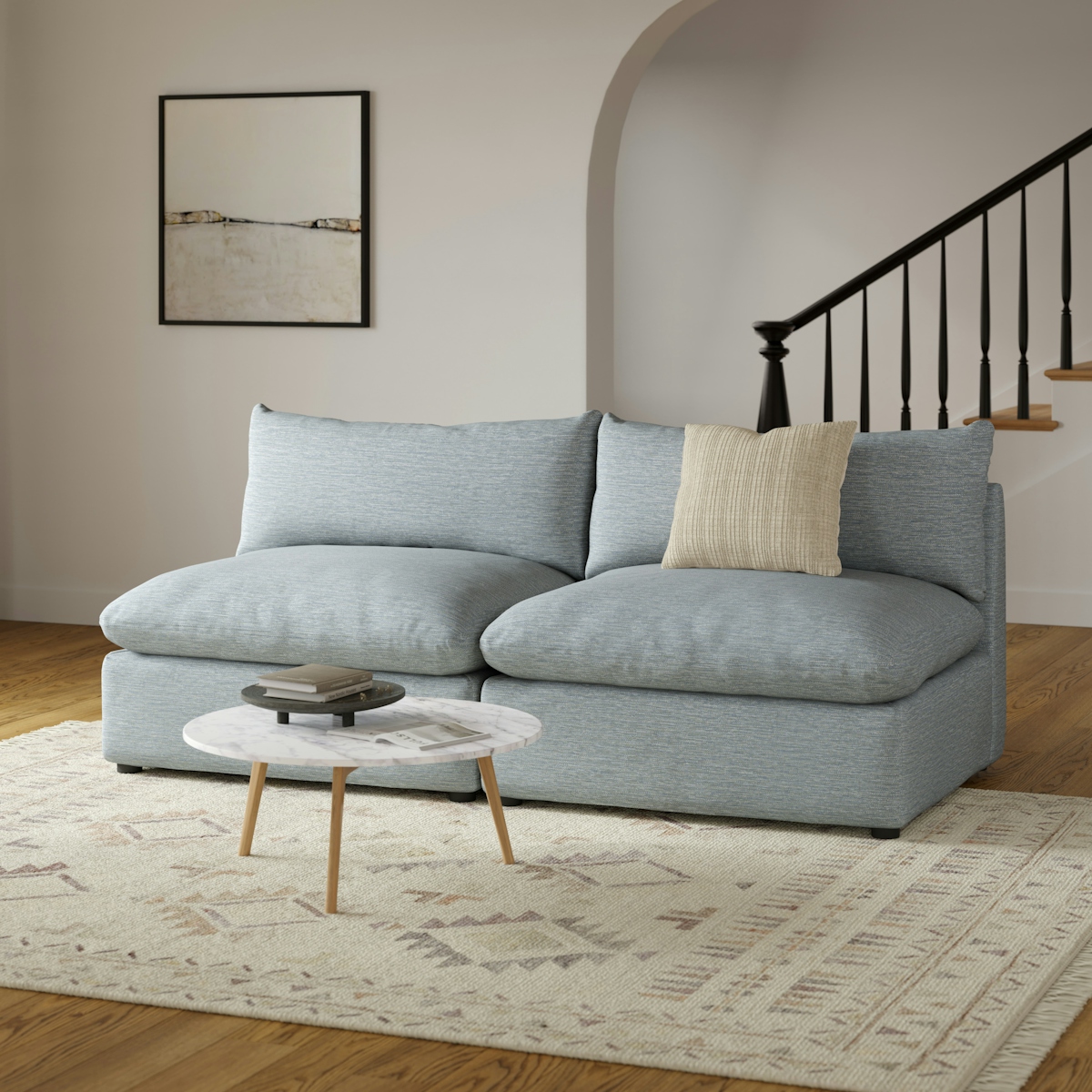 Leigh Silver Light Blue Armless Modular Love Seat Performance Fabric